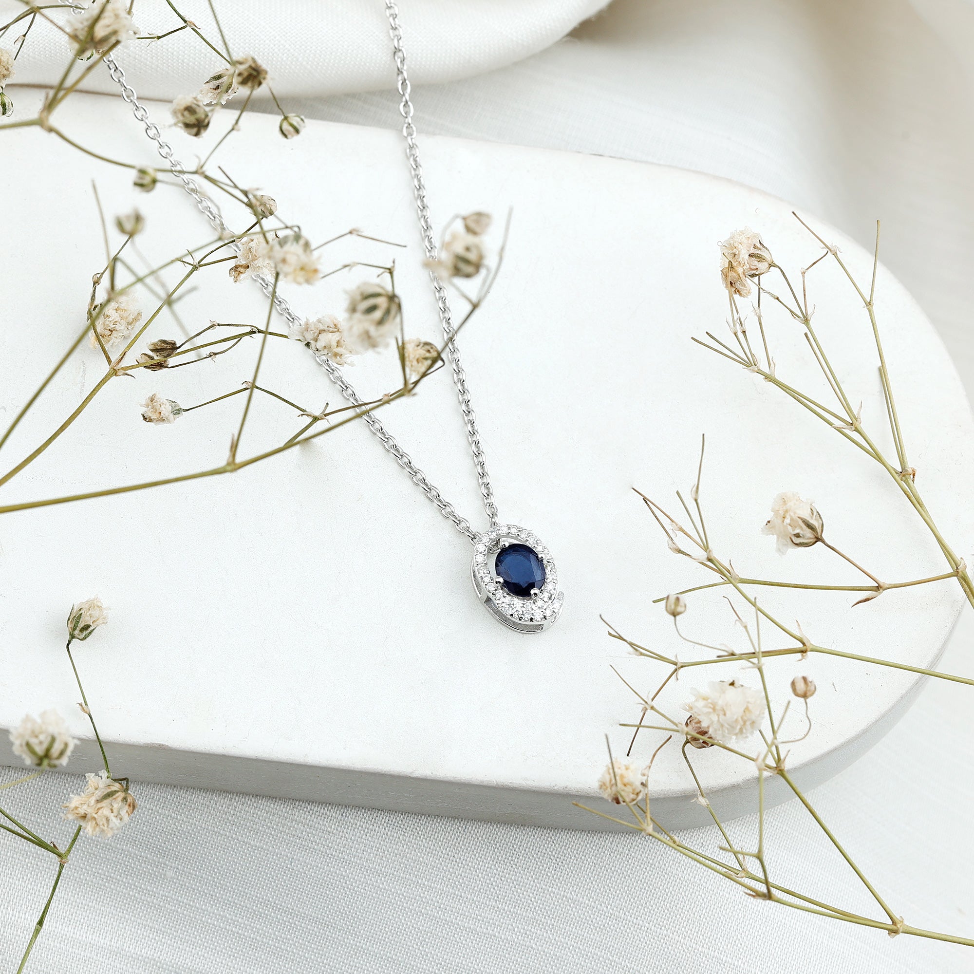 Certified Oval Shape Blue Sapphire Diamond Pendant Necklace with Chain AAA 92.5 Sterling Silver - Rosec Jewels