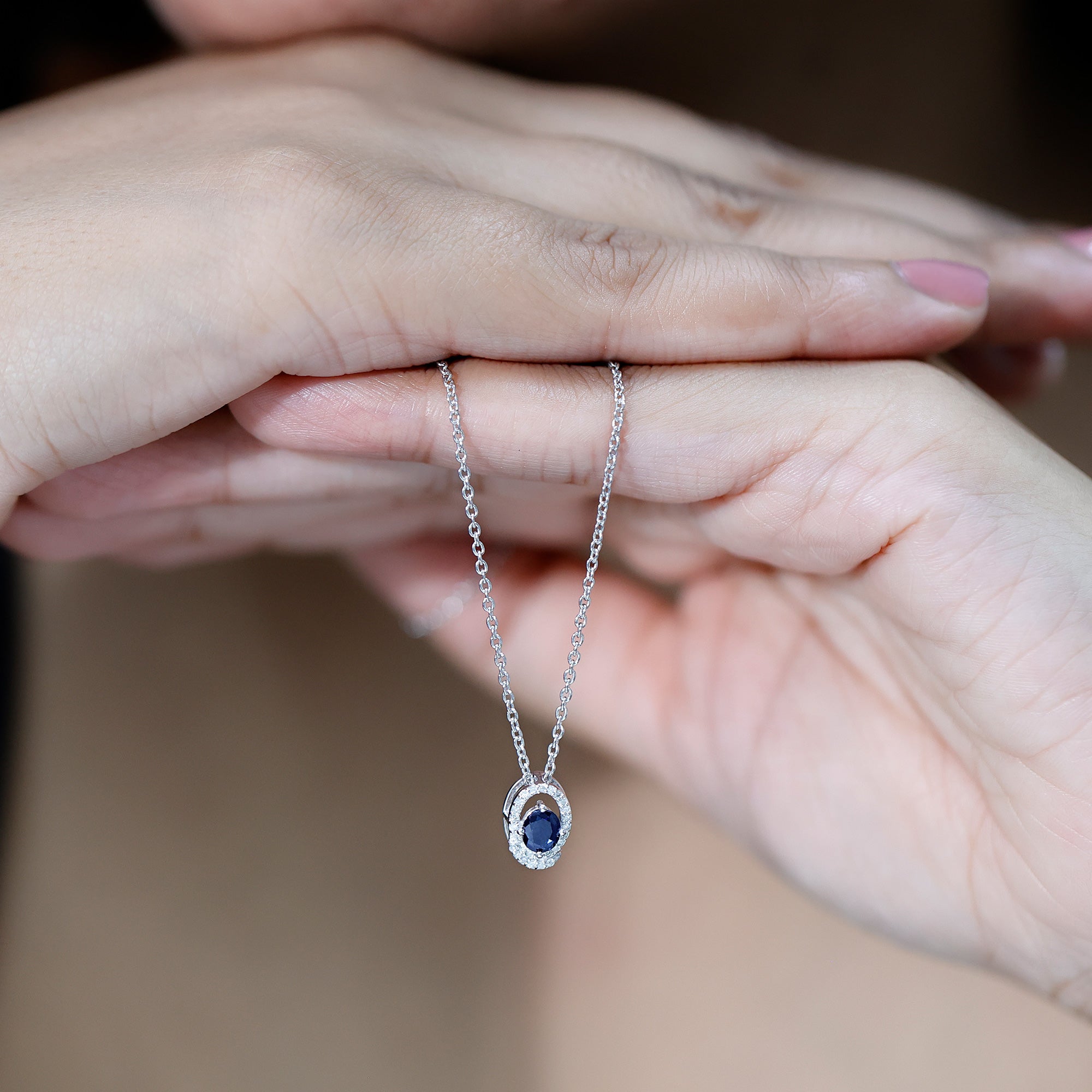 Certified Oval Shape Blue Sapphire Diamond Pendant Necklace with Chain AAA 92.5 Sterling Silver - Rosec Jewels