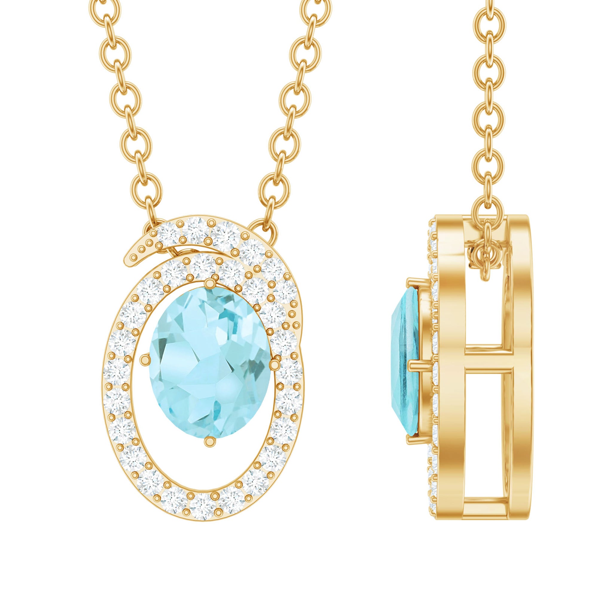 Natural Oval Sky Blue Topaz Diamond Necklace with Silver Chain AAA 14K Yellow Gold Plated Silver - Rosec Jewels