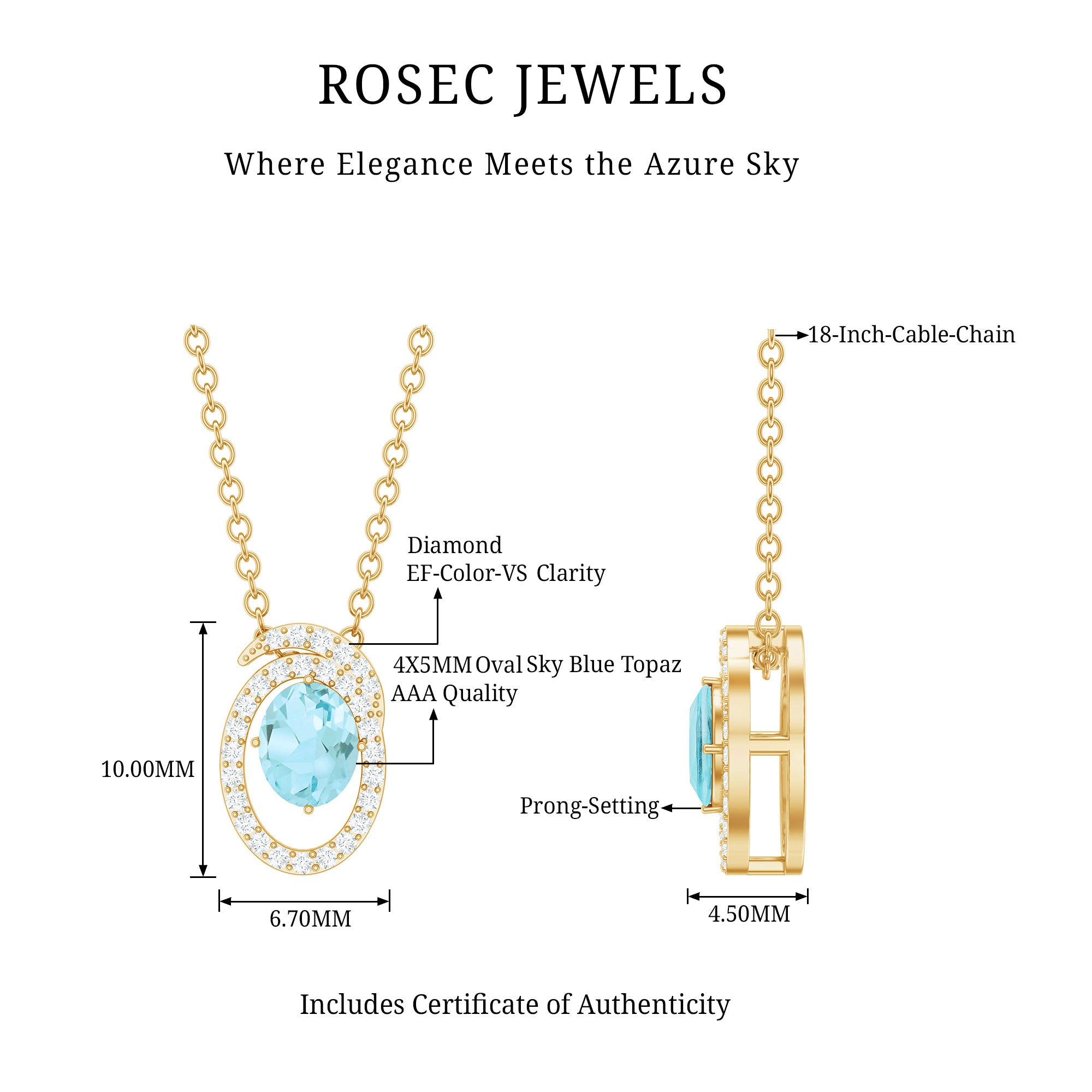 Natural Oval Sky Blue Topaz Diamond Necklace with Silver Chain AAA 14K Yellow Gold Plated Silver - Rosec Jewels