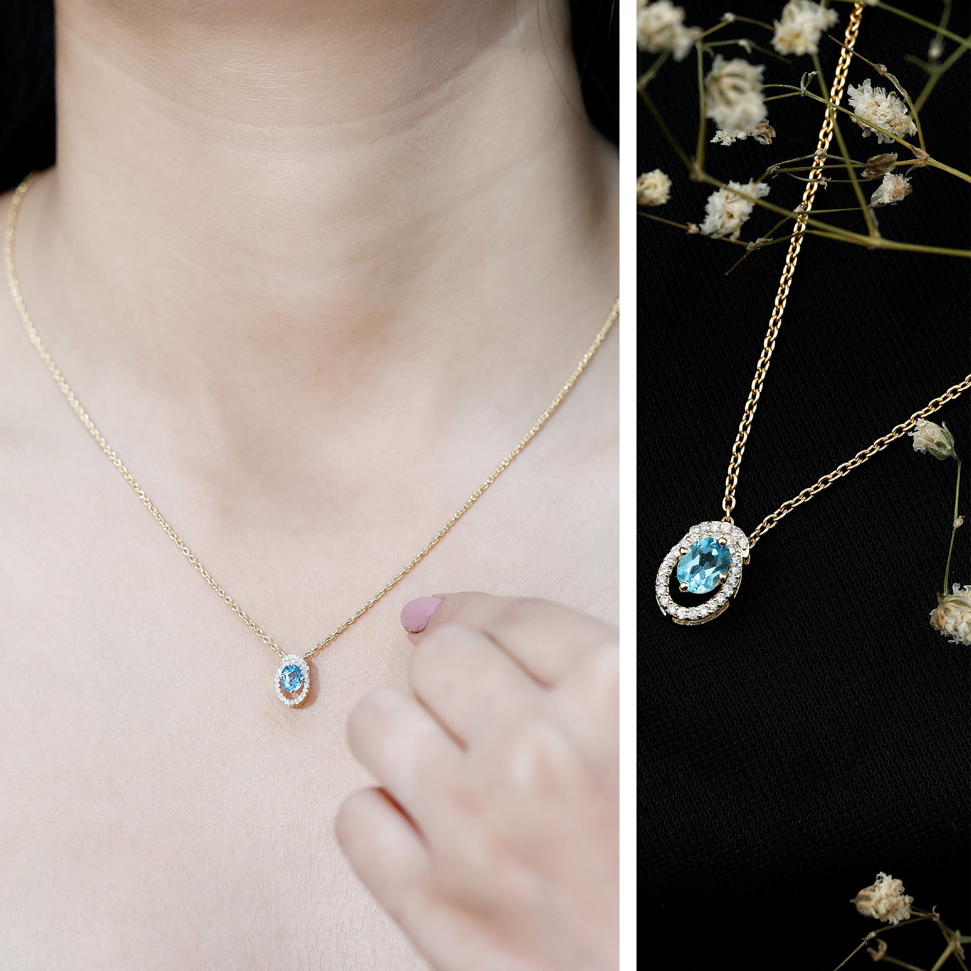 Natural Oval Sky Blue Topaz Diamond Necklace with Silver Chain AAA 14K Yellow Gold Plated Silver - Rosec Jewels