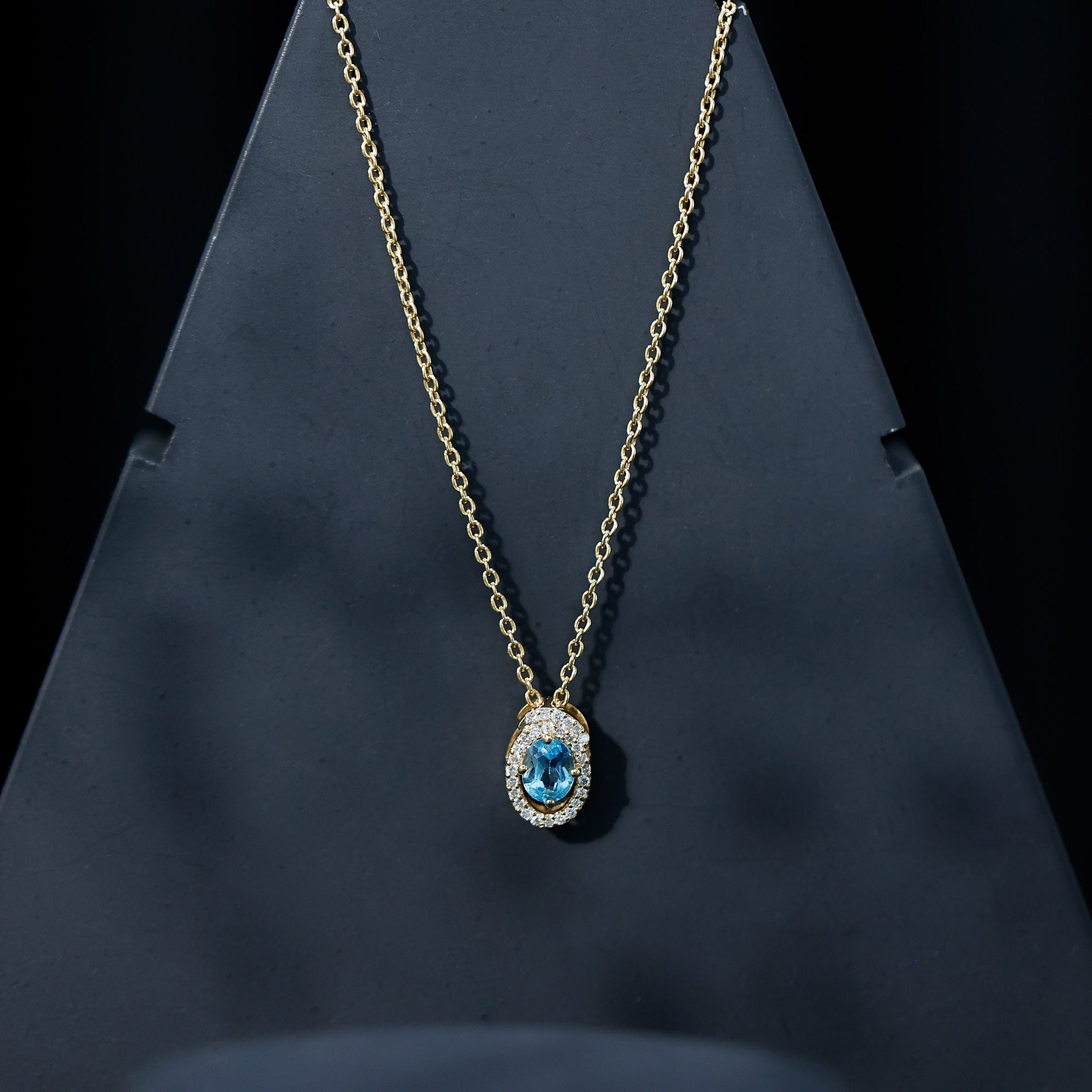 Natural Oval Sky Blue Topaz Diamond Necklace with Silver Chain AAA 14K Yellow Gold Plated Silver - Rosec Jewels