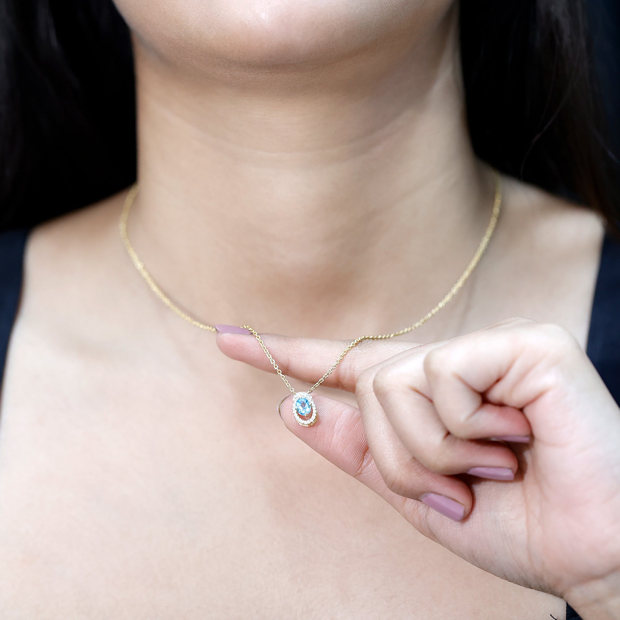 Natural Oval Sky Blue Topaz Diamond Necklace with Silver Chain AAA 14K Yellow Gold Plated Silver - Rosec Jewels