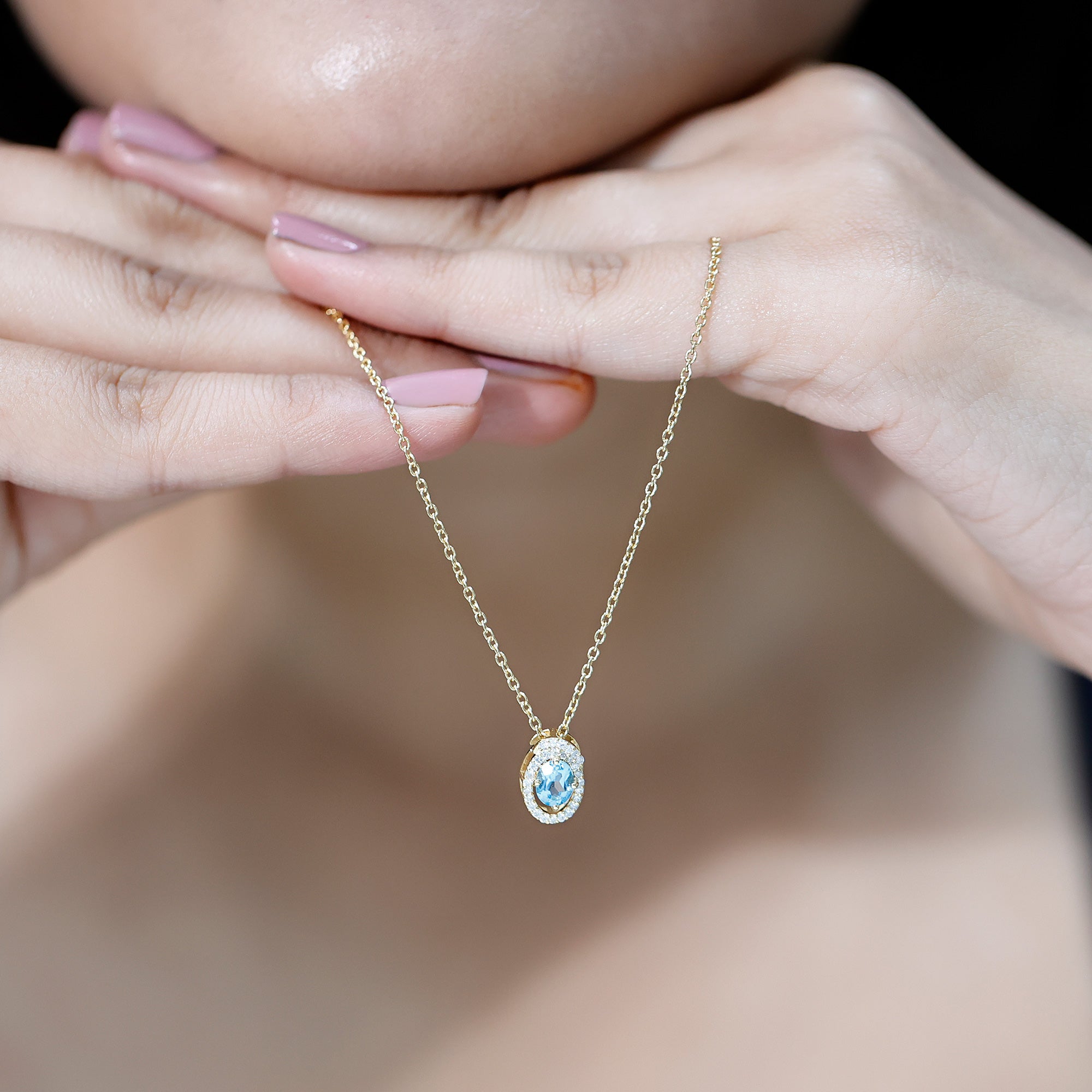 Natural Oval Sky Blue Topaz Diamond Necklace with Silver Chain AAA 14K Yellow Gold Plated Silver - Rosec Jewels