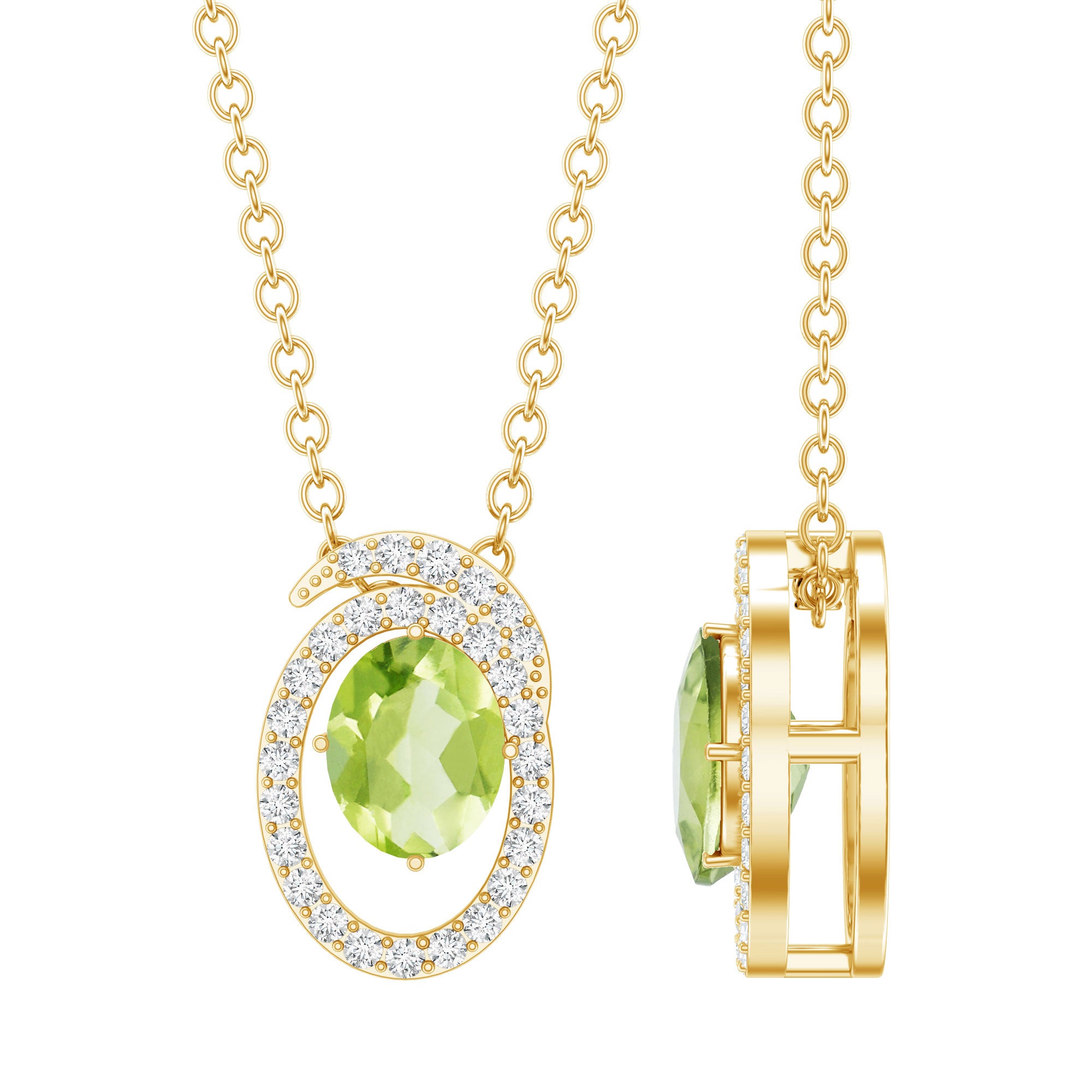 Certified Oval Peridot Pendant Necklace with Lab Diamond AAA 14K Yellow Gold Plated Silver - Rosec Jewels