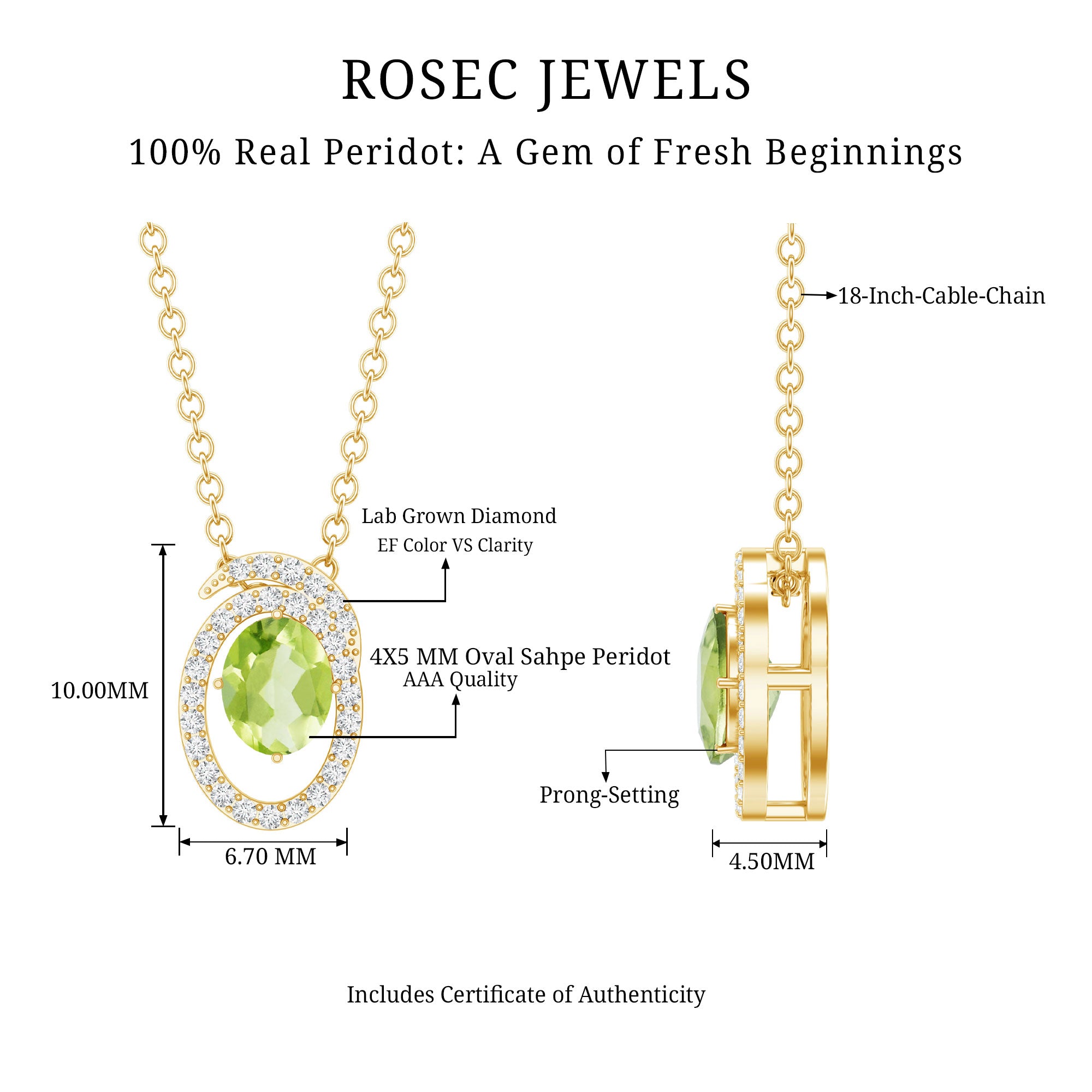 Certified Oval Peridot Pendant Necklace with Lab Diamond AAA 14K Yellow Gold Plated Silver - Rosec Jewels