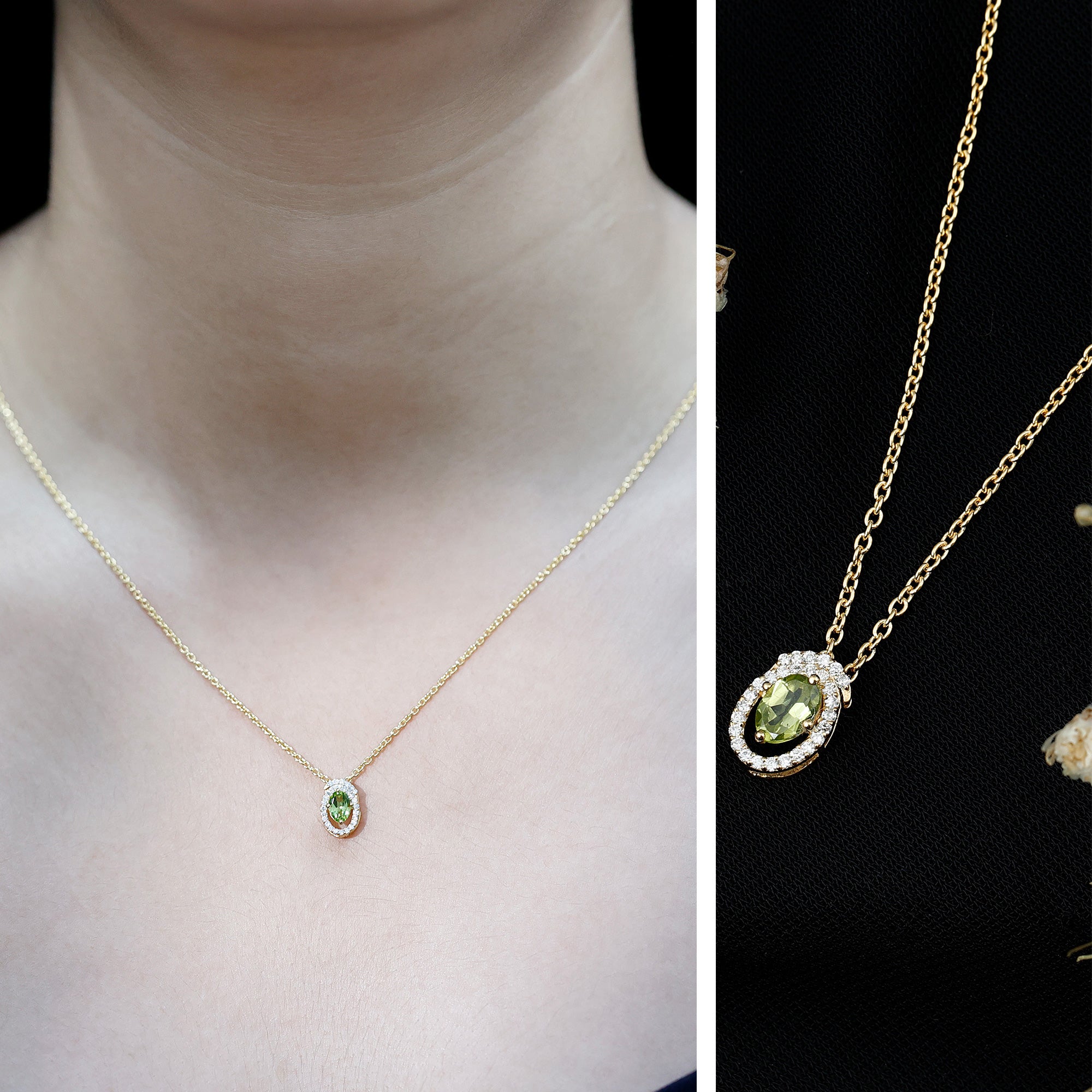 Certified Oval Peridot Pendant Necklace with Lab Diamond AAA 14K Yellow Gold Plated Silver - Rosec Jewels
