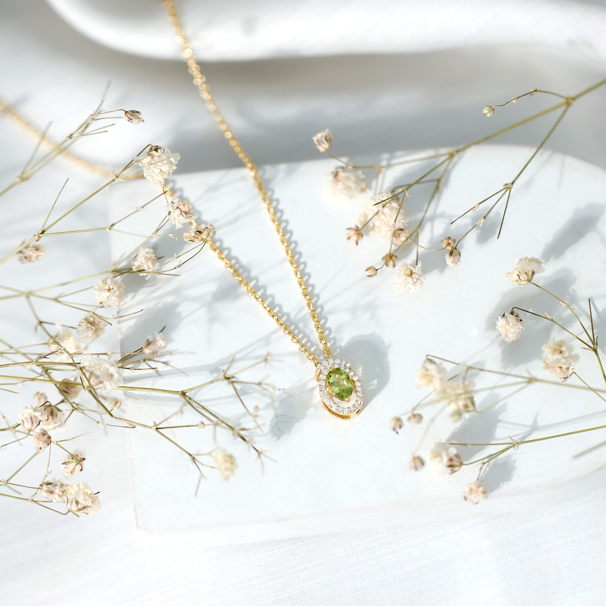 Certified Oval Peridot Pendant Necklace with Lab Diamond AAA 14K Yellow Gold Plated Silver - Rosec Jewels