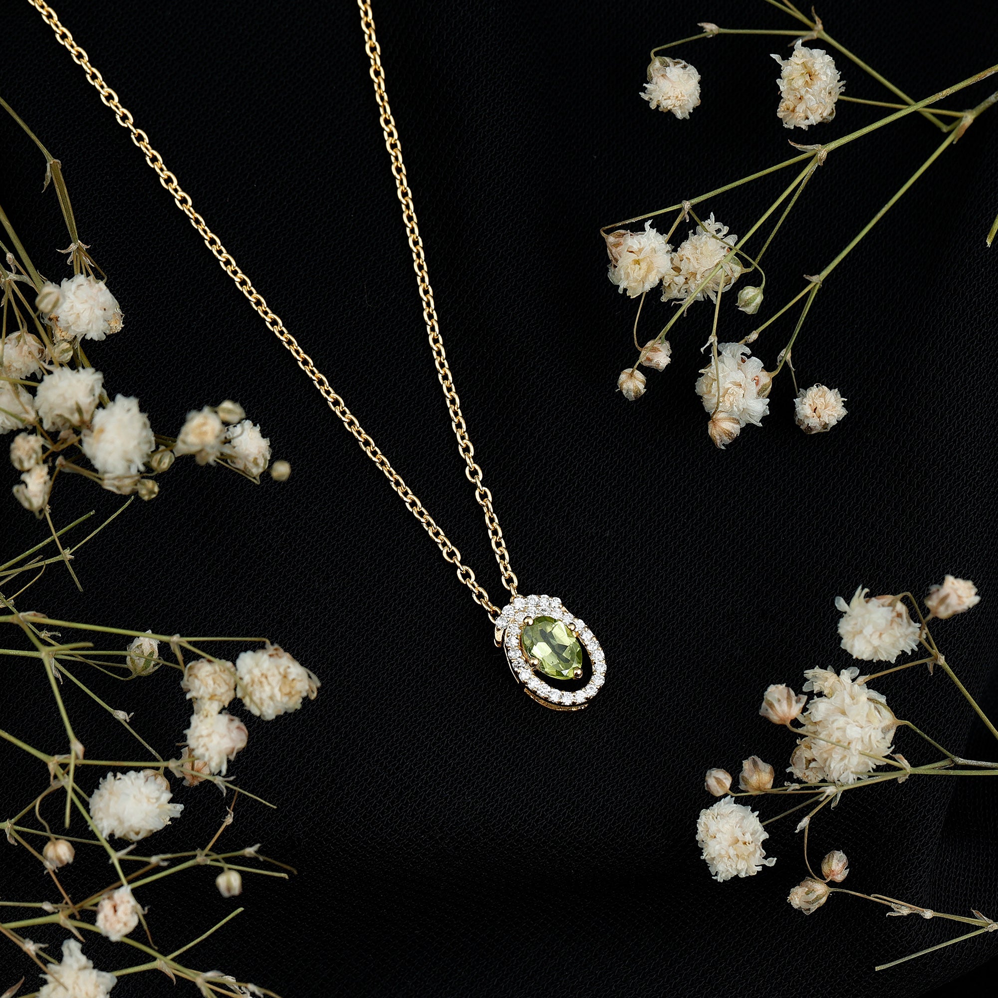 Certified Oval Peridot Pendant Necklace with Lab Diamond AAA 14K Yellow Gold Plated Silver - Rosec Jewels