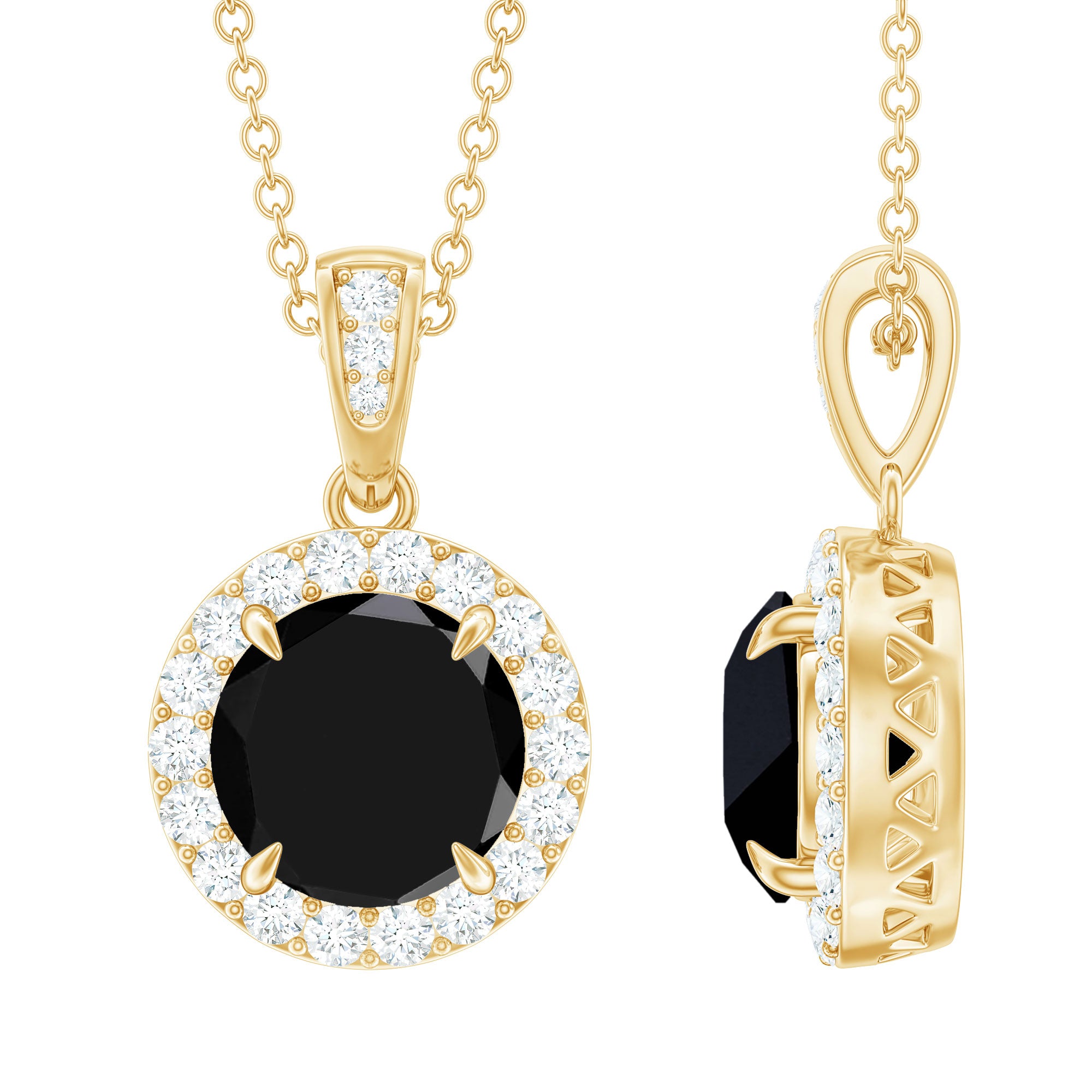 Natural 2.3 Carat Round Shaped Black and White Diamond Halo Necklace with Chain AAA 14K Yellow Gold Plated Silver - Rosec Jewels