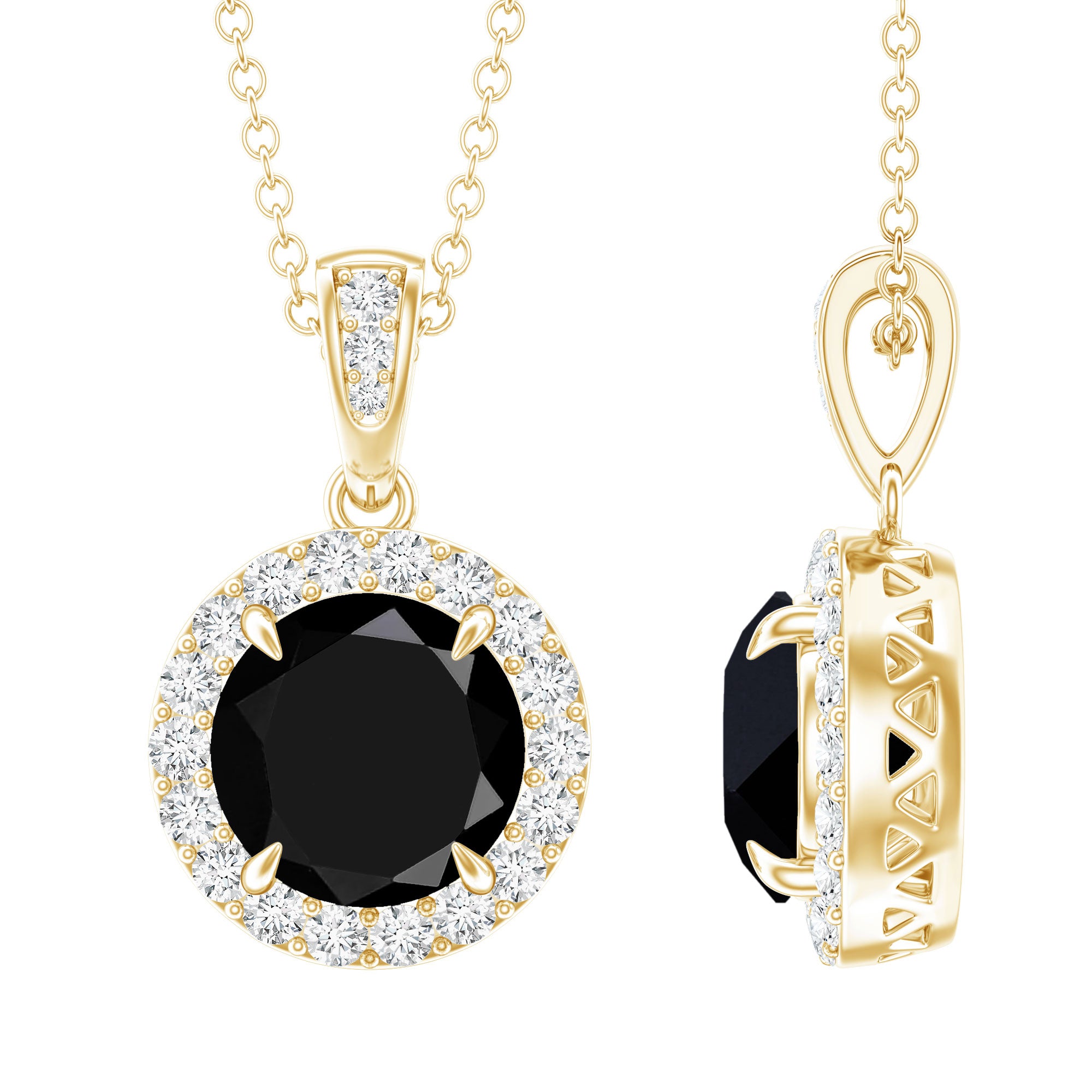 Natural 2.3 Carat Round Shaped Black and White Diamond Halo Necklace with Chain AAA 14K Yellow Gold Plated Silver - Rosec Jewels