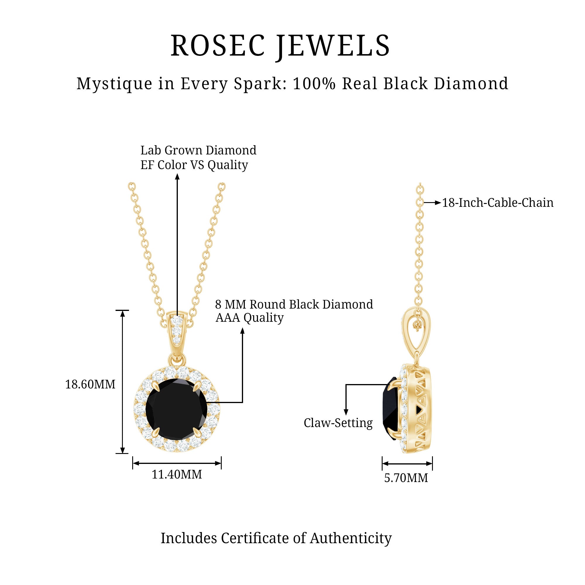 Natural 2.3 Carat Round Shaped Black and White Diamond Halo Necklace with Chain AAA 14K Yellow Gold Plated Silver - Rosec Jewels
