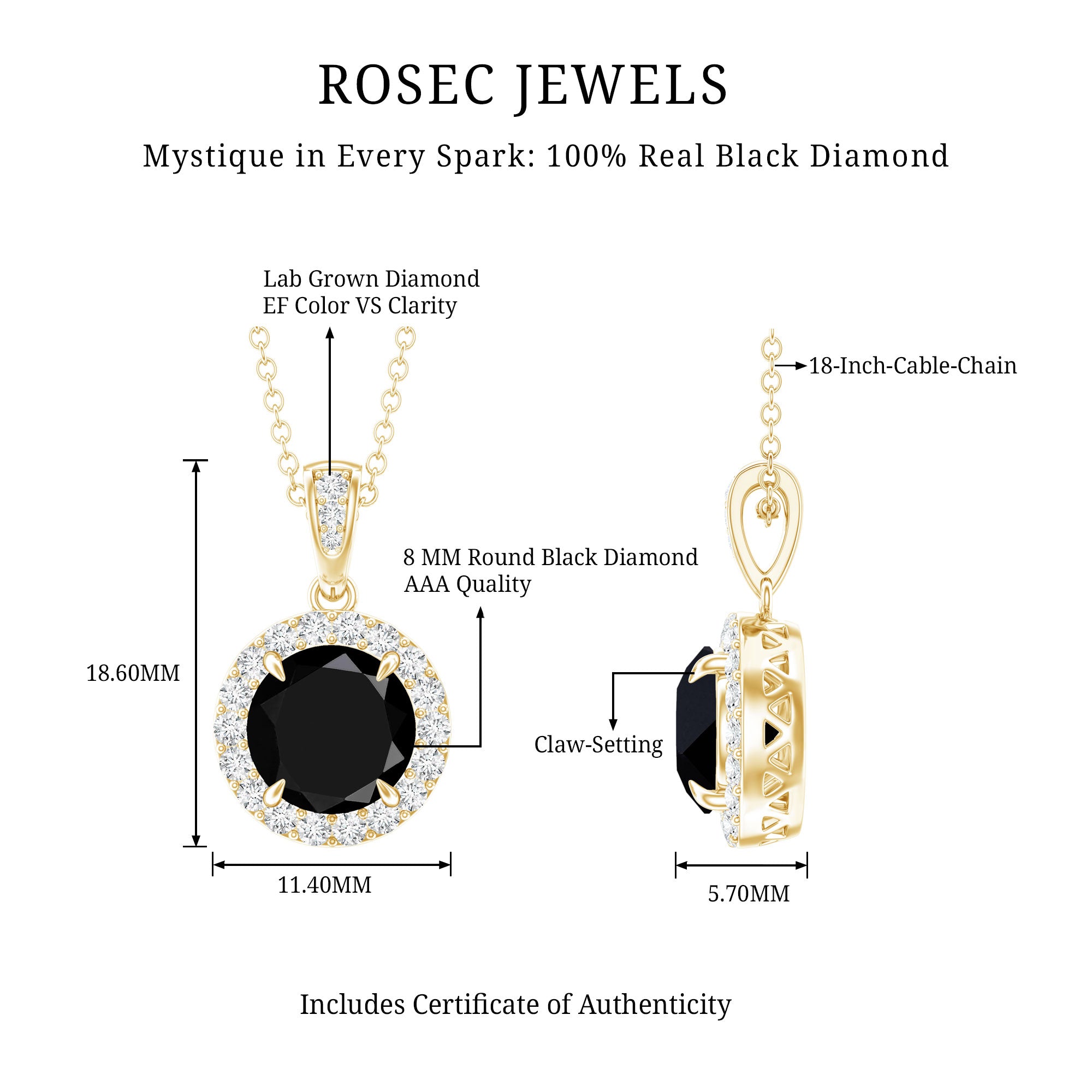 Natural 2.3 Carat Round Shaped Black and White Diamond Halo Necklace with Chain AAA 14K Yellow Gold Plated Silver - Rosec Jewels