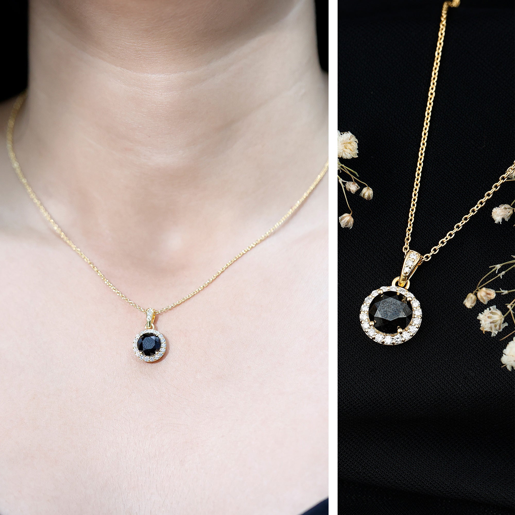 Natural 2.3 Carat Round Shaped Black and White Diamond Halo Necklace with Chain AAA 14K Yellow Gold Plated Silver - Rosec Jewels