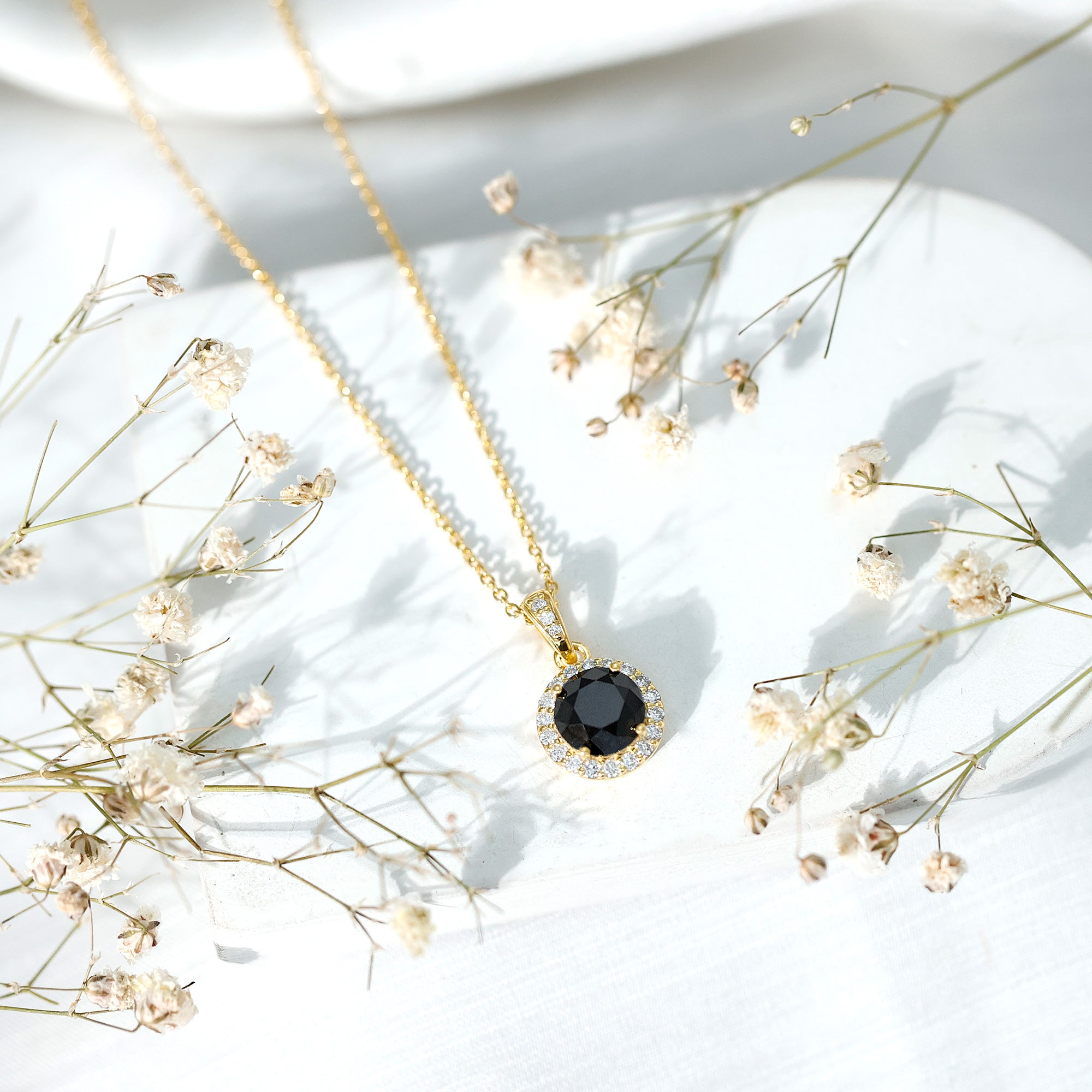 Natural 2.3 Carat Round Shaped Black and White Diamond Halo Necklace with Chain AAA 14K Yellow Gold Plated Silver - Rosec Jewels