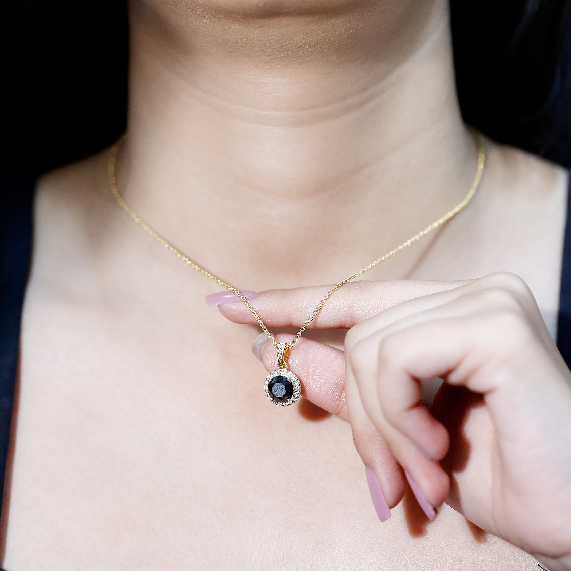 Natural 2.3 Carat Round Shaped Black and White Diamond Halo Necklace with Chain AAA 14K Yellow Gold Plated Silver - Rosec Jewels