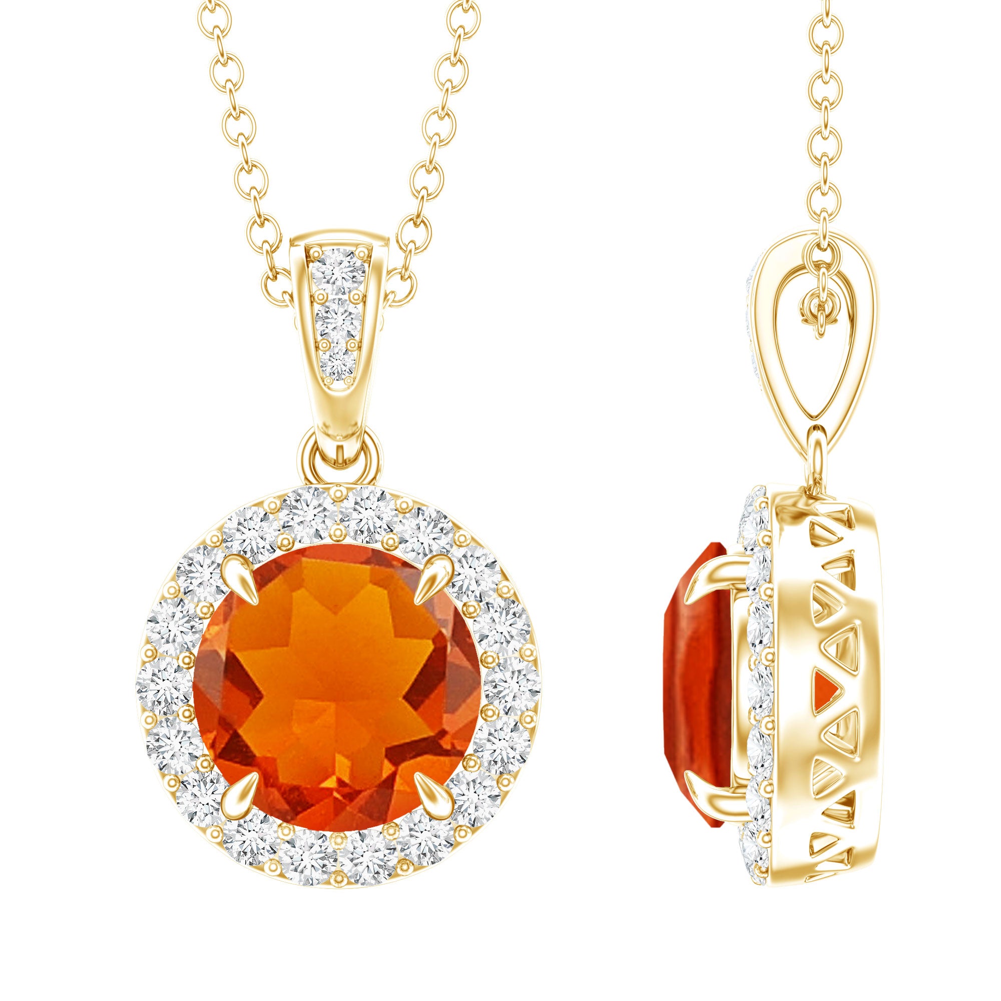 2.7 Carat Fire Opal Pendant Necklace with Diamond Halo AAA 14K Yellow Gold Plated Silver - Rosec Jewels