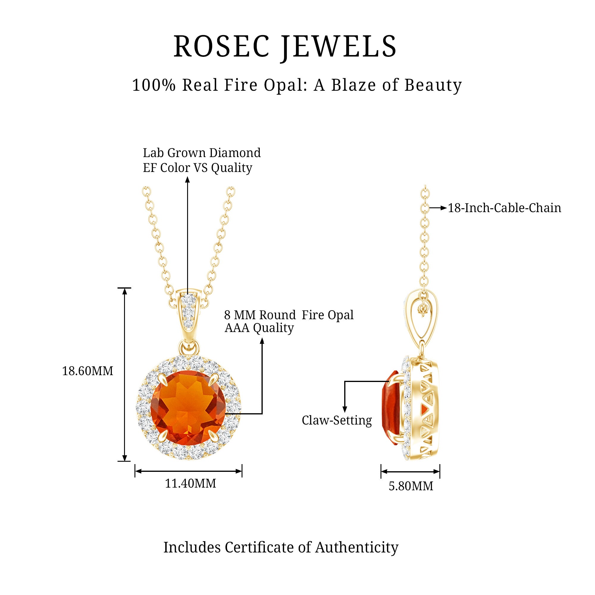2.7 Carat Fire Opal Pendant Necklace with Diamond Halo AAA 14K Yellow Gold Plated Silver - Rosec Jewels