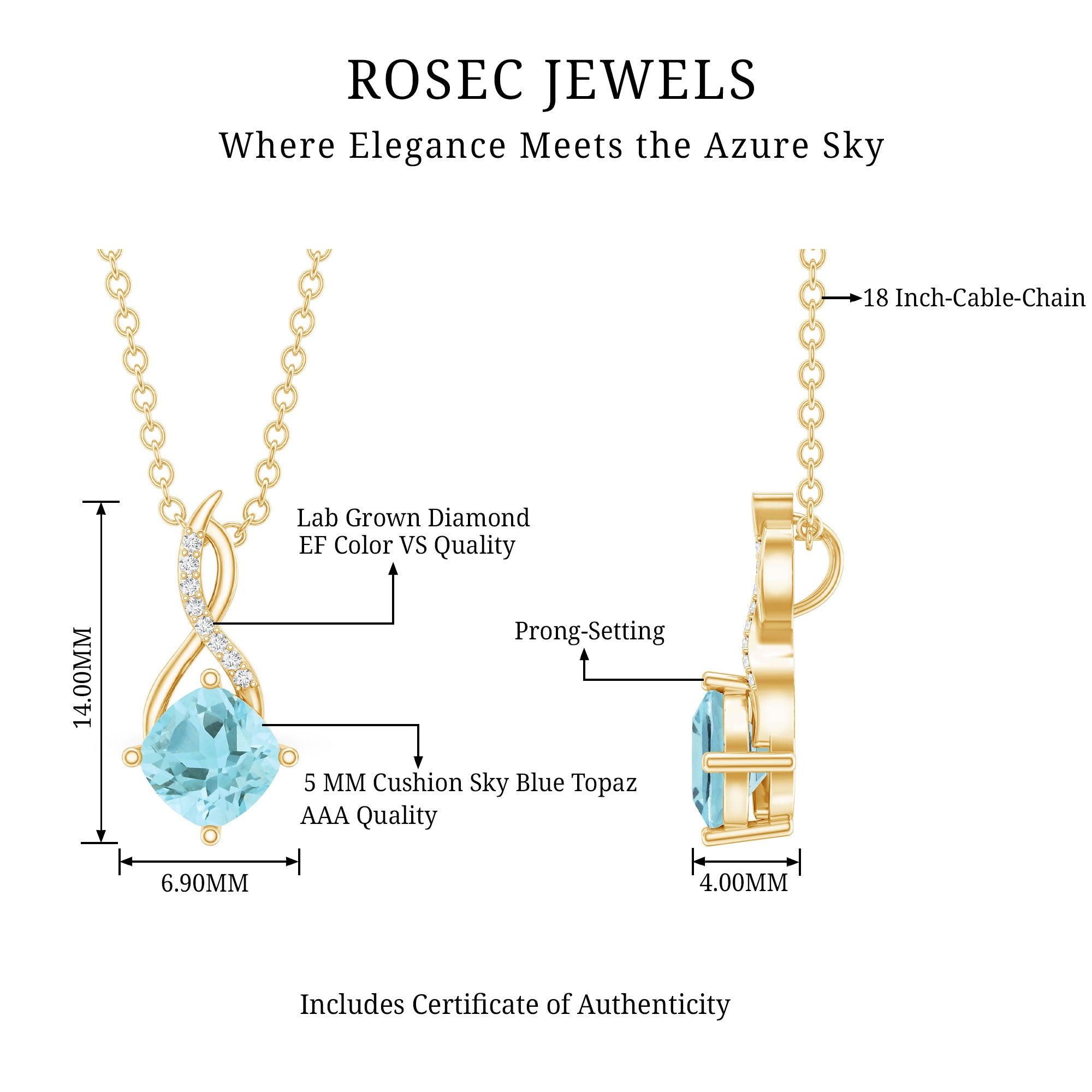 0.5 CT Cushion Cut Sky Blue Topaz Infinity Necklace with Silver Chain AAA 14K Yellow Gold Plated Silver - Rosec Jewels