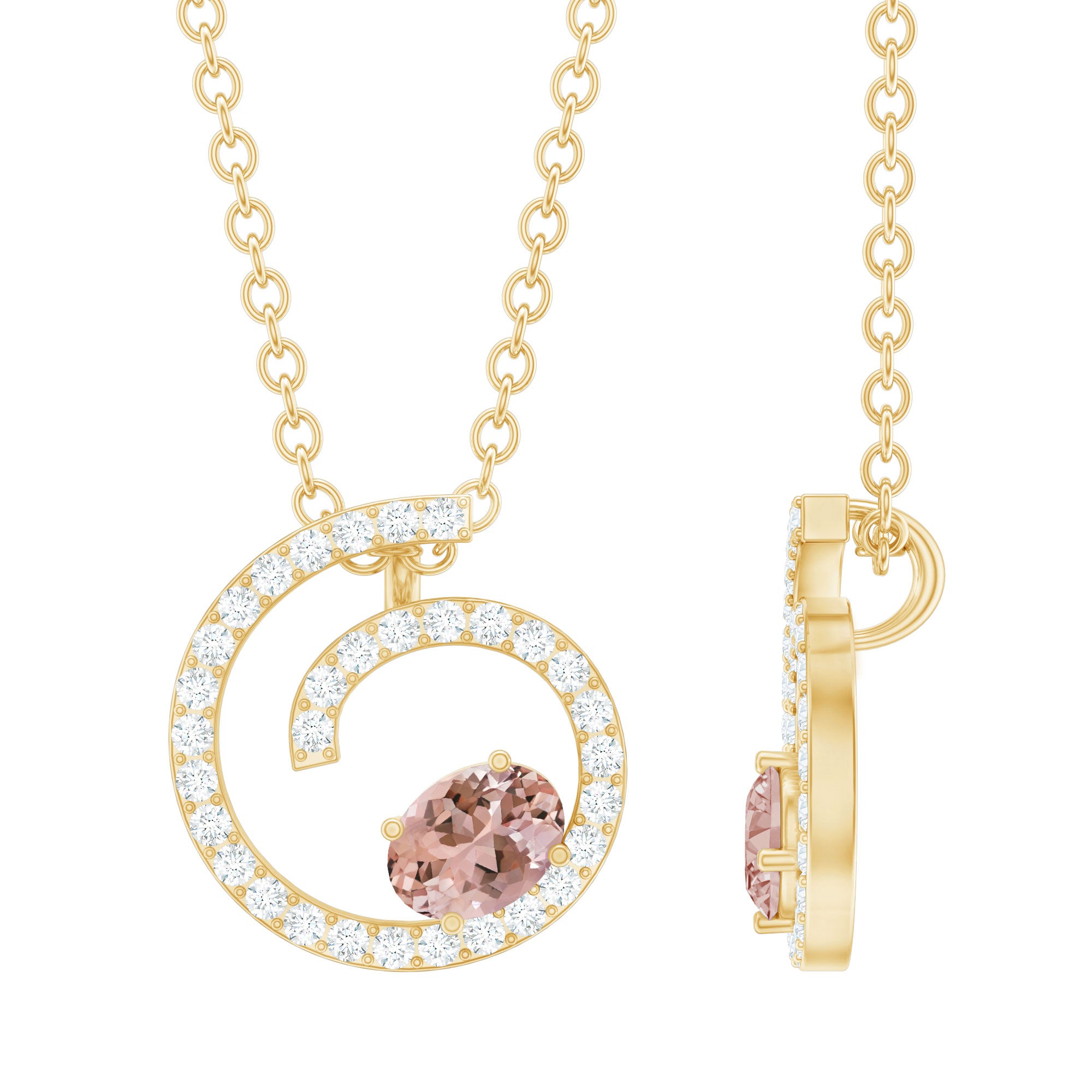 Yellow Gold Plated Silver Morganite Swirl Necklace with Lab Diamond AAA 14K Yellow Gold Plated Silver - Rosec Jewels