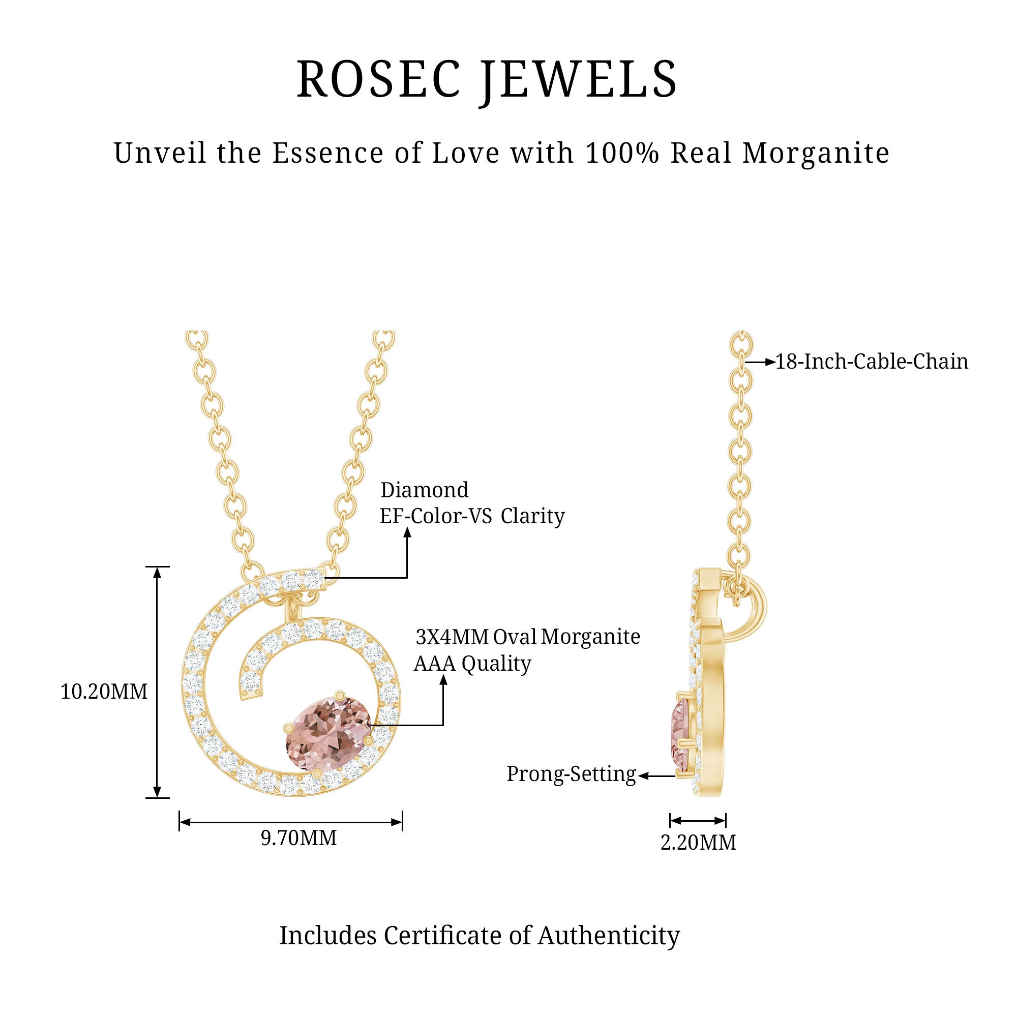 Yellow Gold Plated Silver Morganite Swirl Necklace with Lab Diamond AAA 14K Yellow Gold Plated Silver - Rosec Jewels