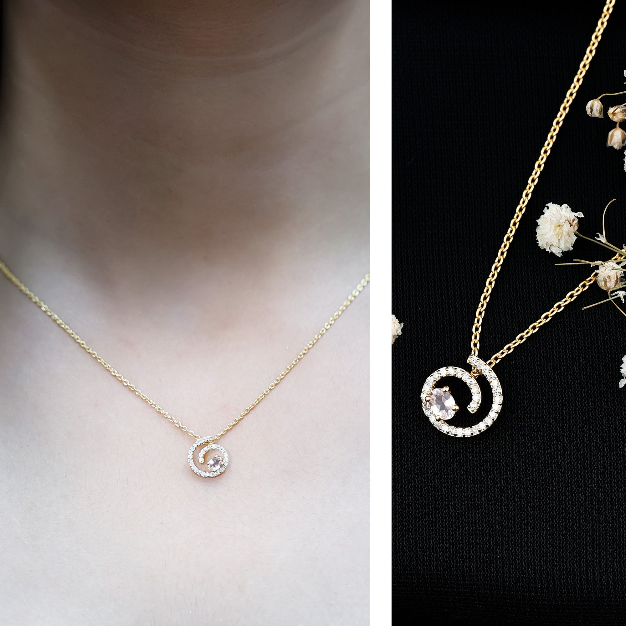 Yellow Gold Plated Silver Morganite Swirl Necklace with Lab Diamond AAA 14K Yellow Gold Plated Silver - Rosec Jewels