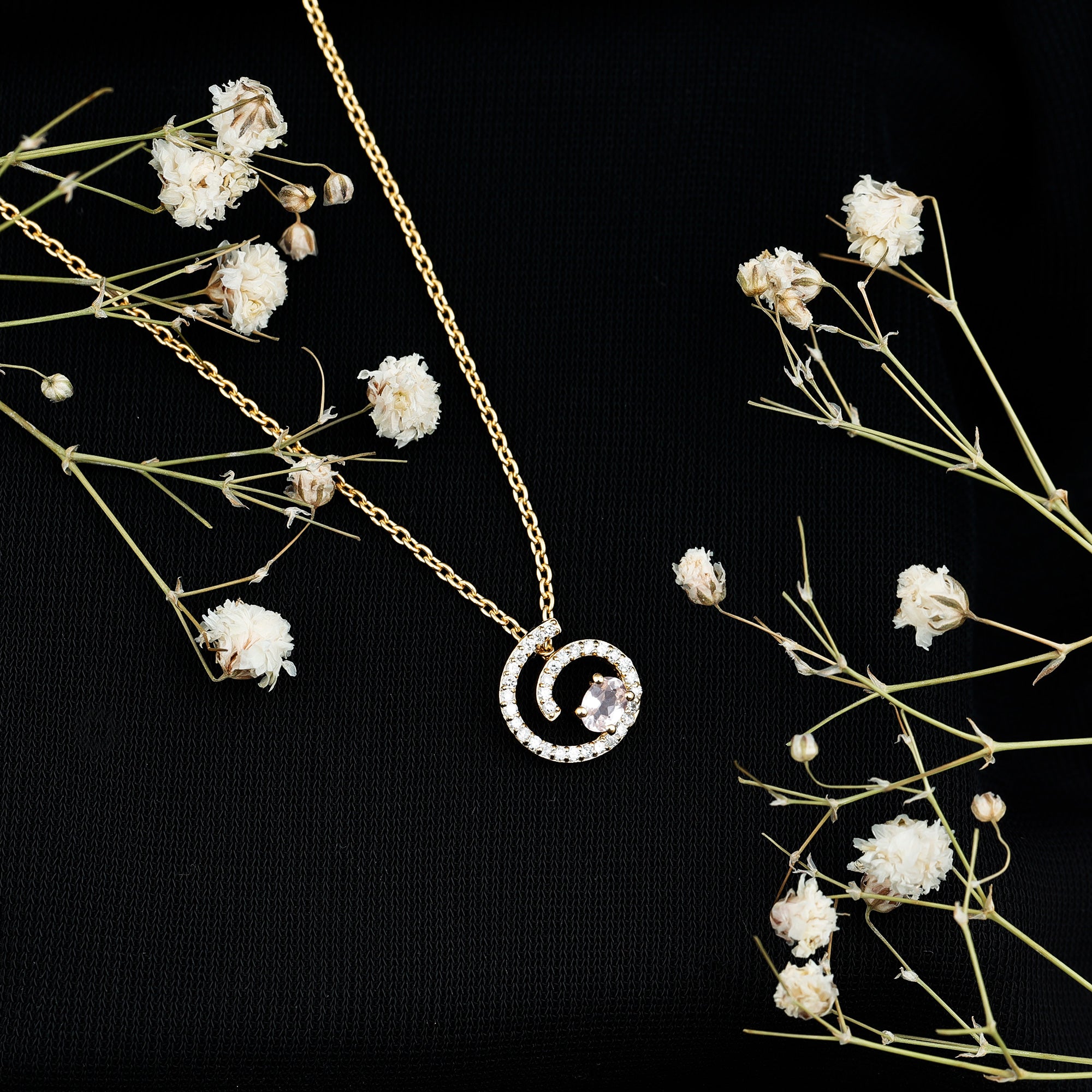 Yellow Gold Plated Silver Morganite Swirl Necklace with Lab Diamond AAA 14K Yellow Gold Plated Silver - Rosec Jewels