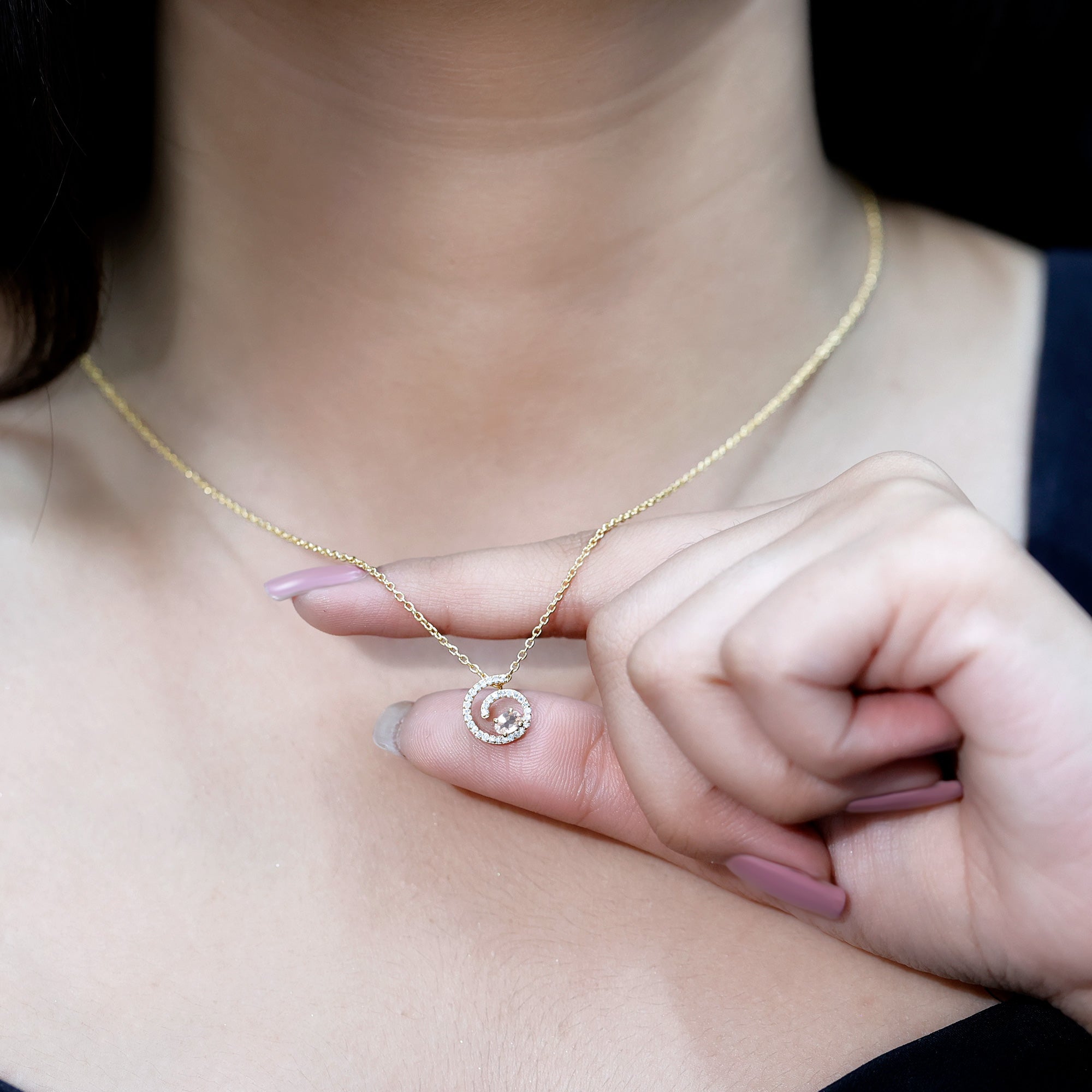 Yellow Gold Plated Silver Morganite Swirl Necklace with Lab Diamond AAA 14K Yellow Gold Plated Silver - Rosec Jewels