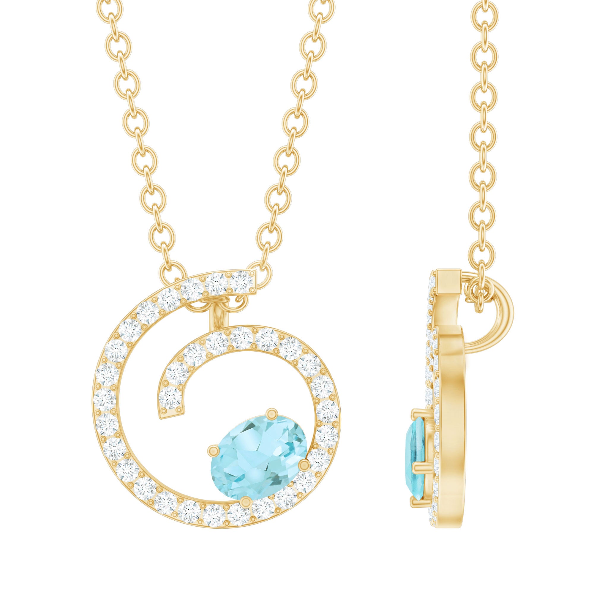 Genuine Sky Blue Topaz and Diamond Swirl Necklace with Silver Chain AAA 14K Yellow Gold Plated Silver - Rosec Jewels