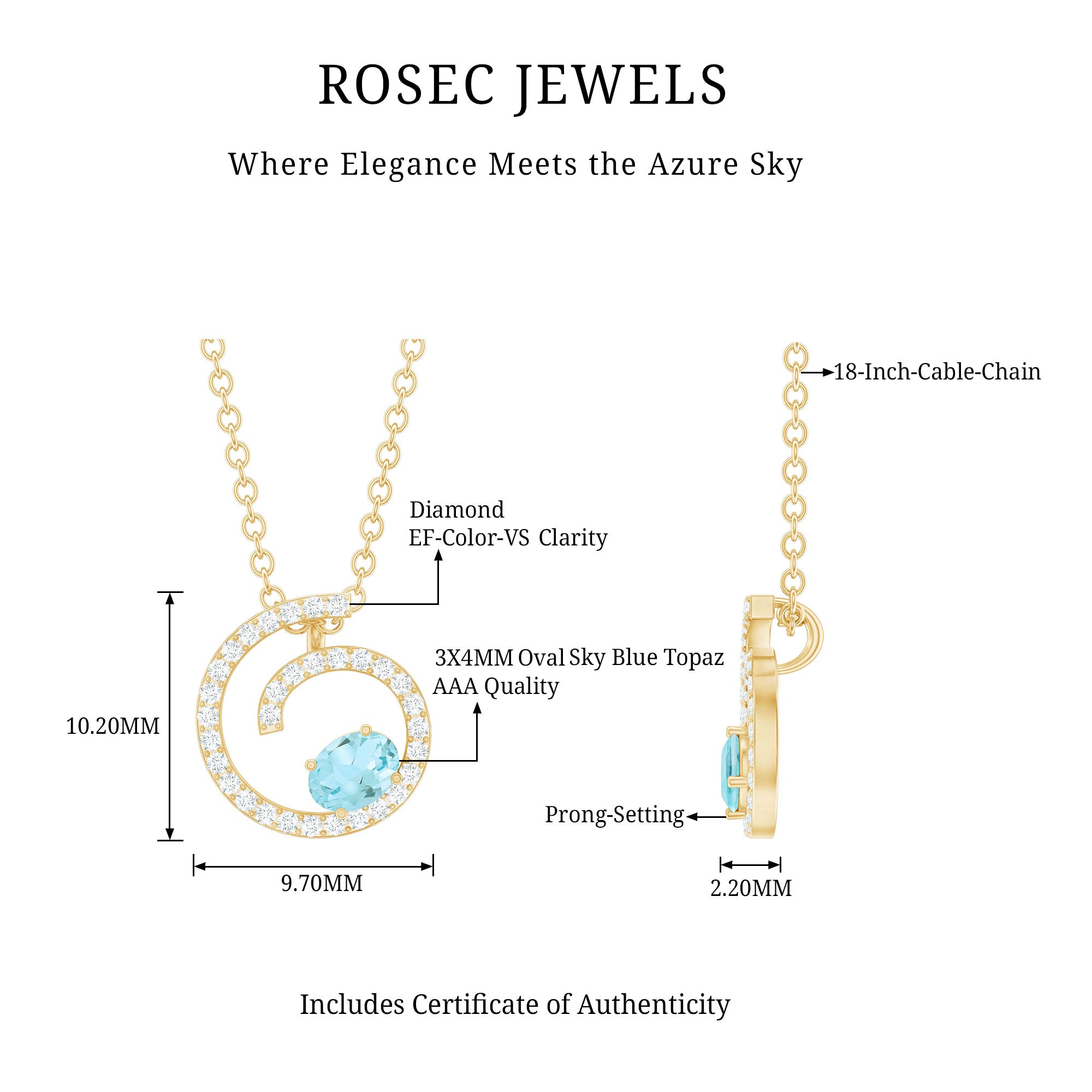 Genuine Sky Blue Topaz and Diamond Swirl Necklace with Silver Chain AAA 14K Yellow Gold Plated Silver - Rosec Jewels