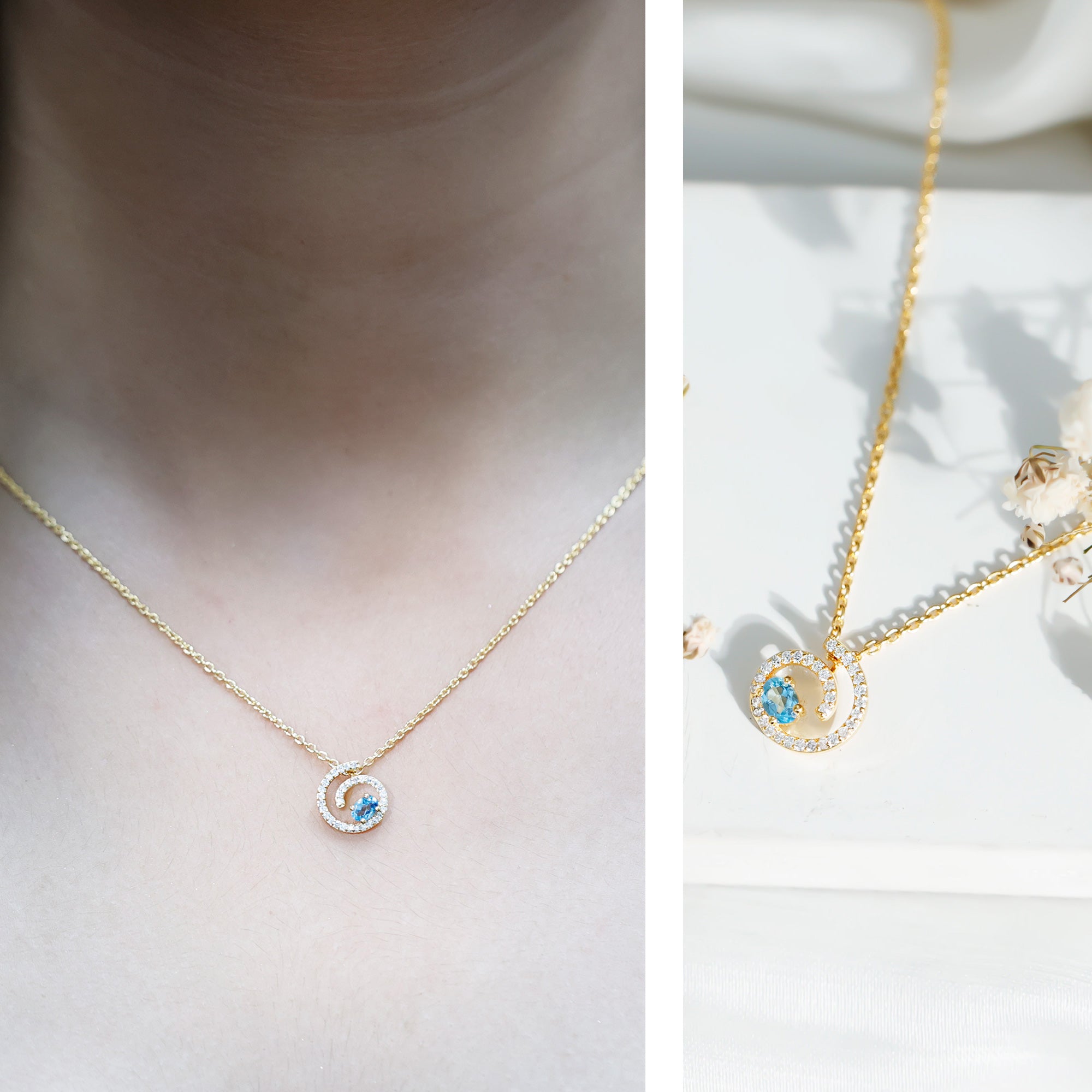 Genuine Sky Blue Topaz and Diamond Swirl Necklace with Silver Chain AAA 14K Yellow Gold Plated Silver - Rosec Jewels