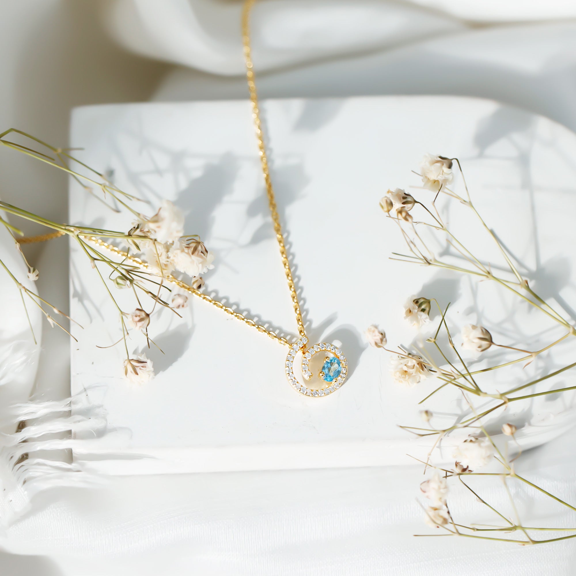 Genuine Sky Blue Topaz and Diamond Swirl Necklace with Silver Chain AAA 14K Yellow Gold Plated Silver - Rosec Jewels