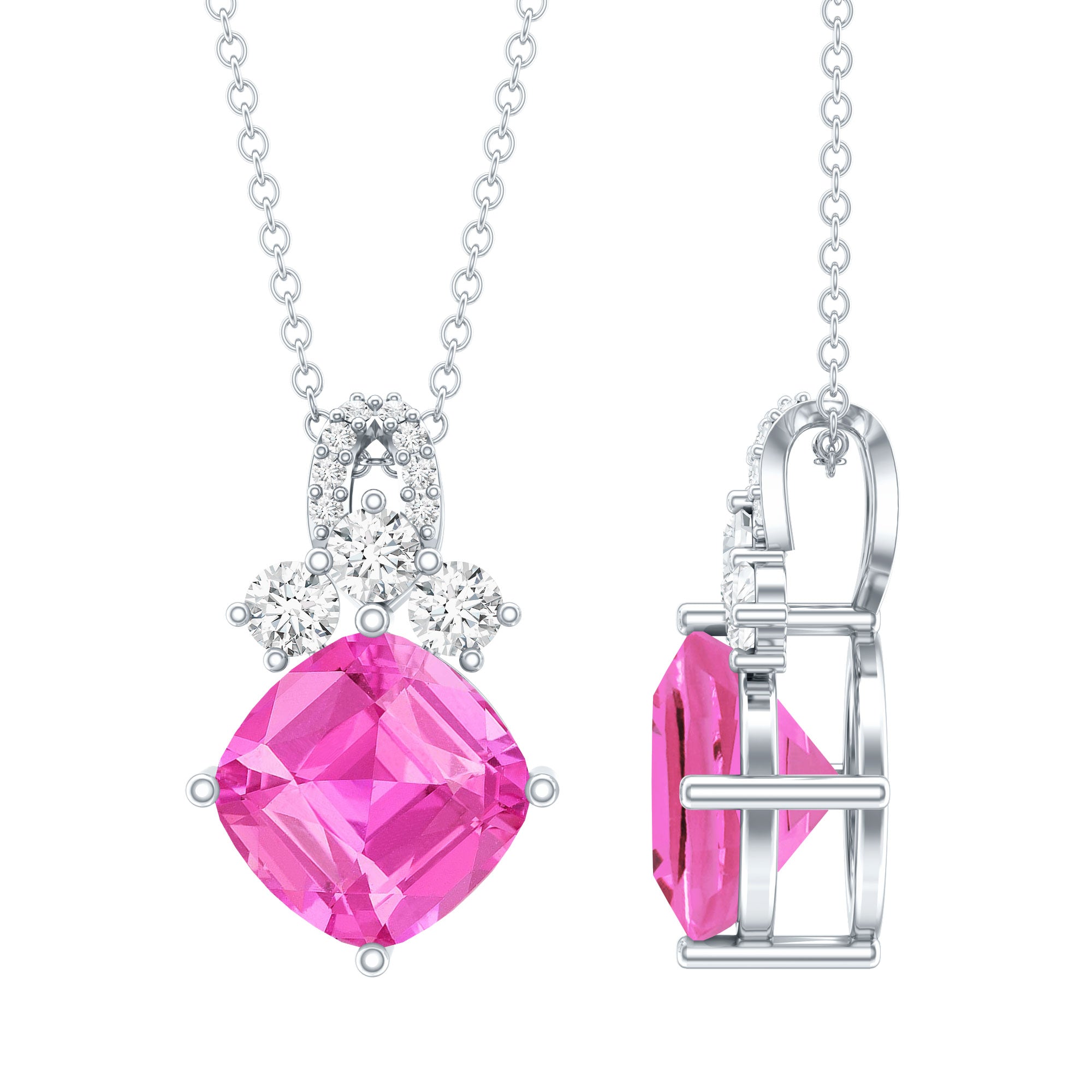Certified 4.5 Carat Lab Created Pink Sapphire Bridal Necklace with Chain AAAA 92.5 Sterling Silver - Rosec Jewels