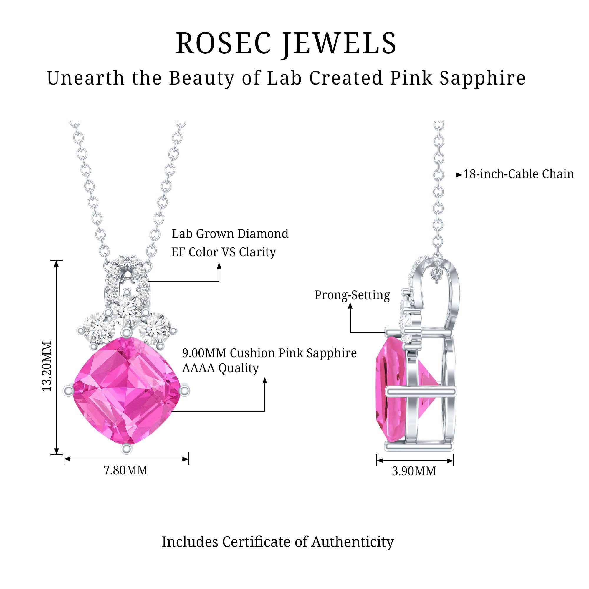 Certified 4.5 Carat Lab Created Pink Sapphire Bridal Necklace with Chain AAAA 92.5 Sterling Silver - Rosec Jewels