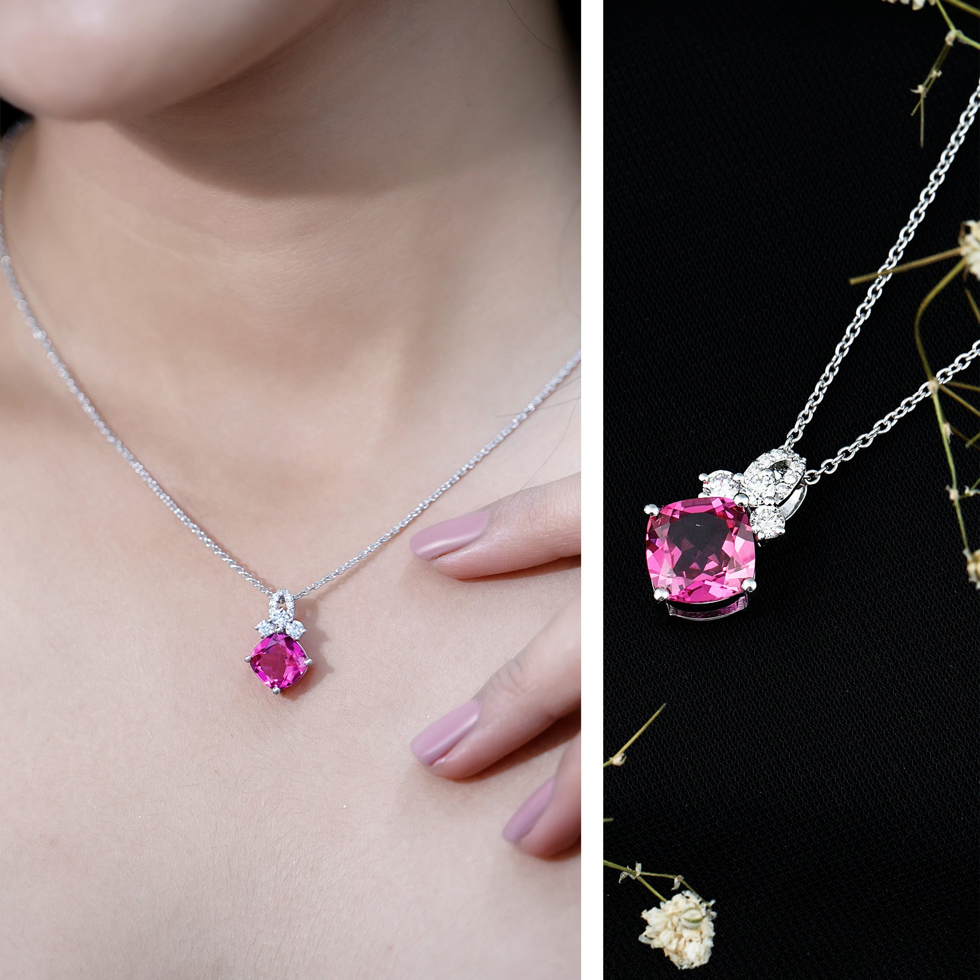 Certified 4.5 Carat Lab Created Pink Sapphire Bridal Necklace with Chain AAAA 92.5 Sterling Silver - Rosec Jewels