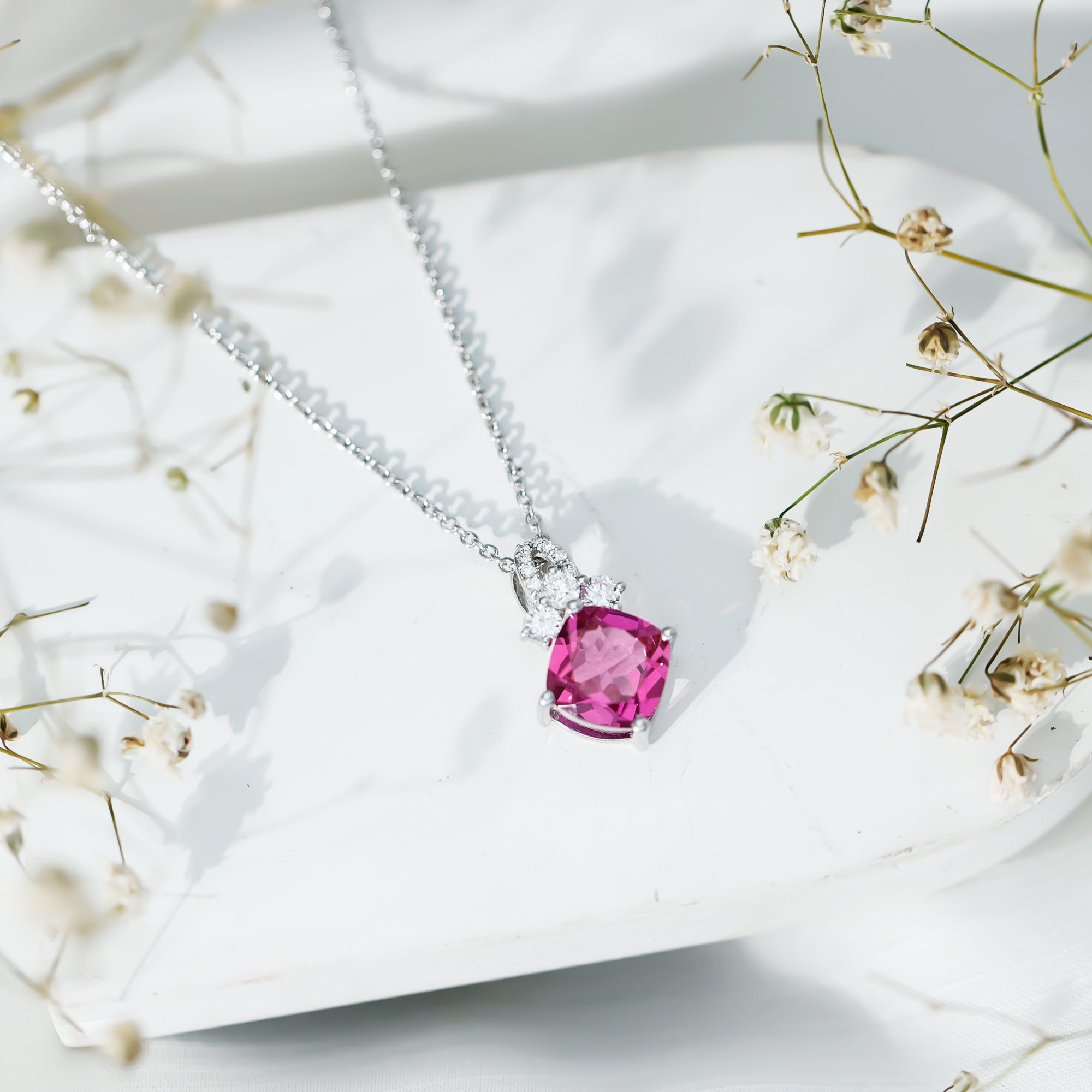 Certified 4.5 Carat Lab Created Pink Sapphire Bridal Necklace with Chain AAAA 92.5 Sterling Silver - Rosec Jewels