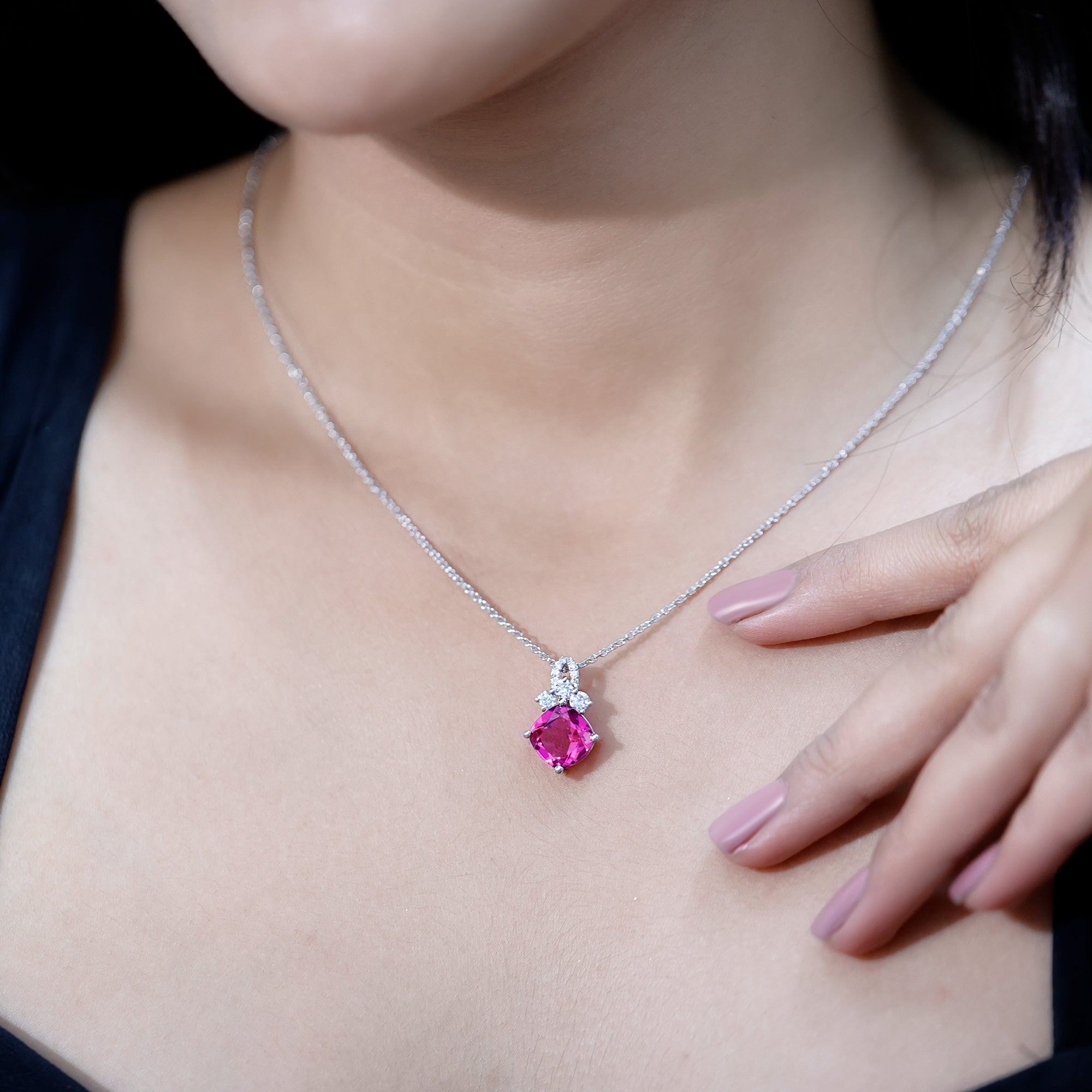 Certified 4.5 Carat Lab Created Pink Sapphire Bridal Necklace with Chain AAAA 92.5 Sterling Silver - Rosec Jewels