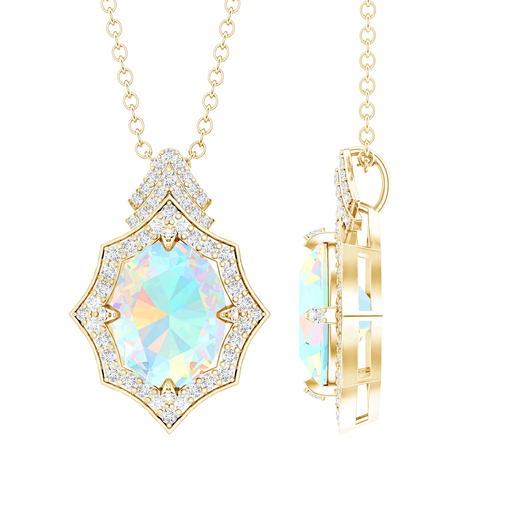 Natural 2 Carat Ethiopian Opal Vintage Necklace with Diamond AAA 14K Yellow Gold Plated Silver - Rosec Jewels