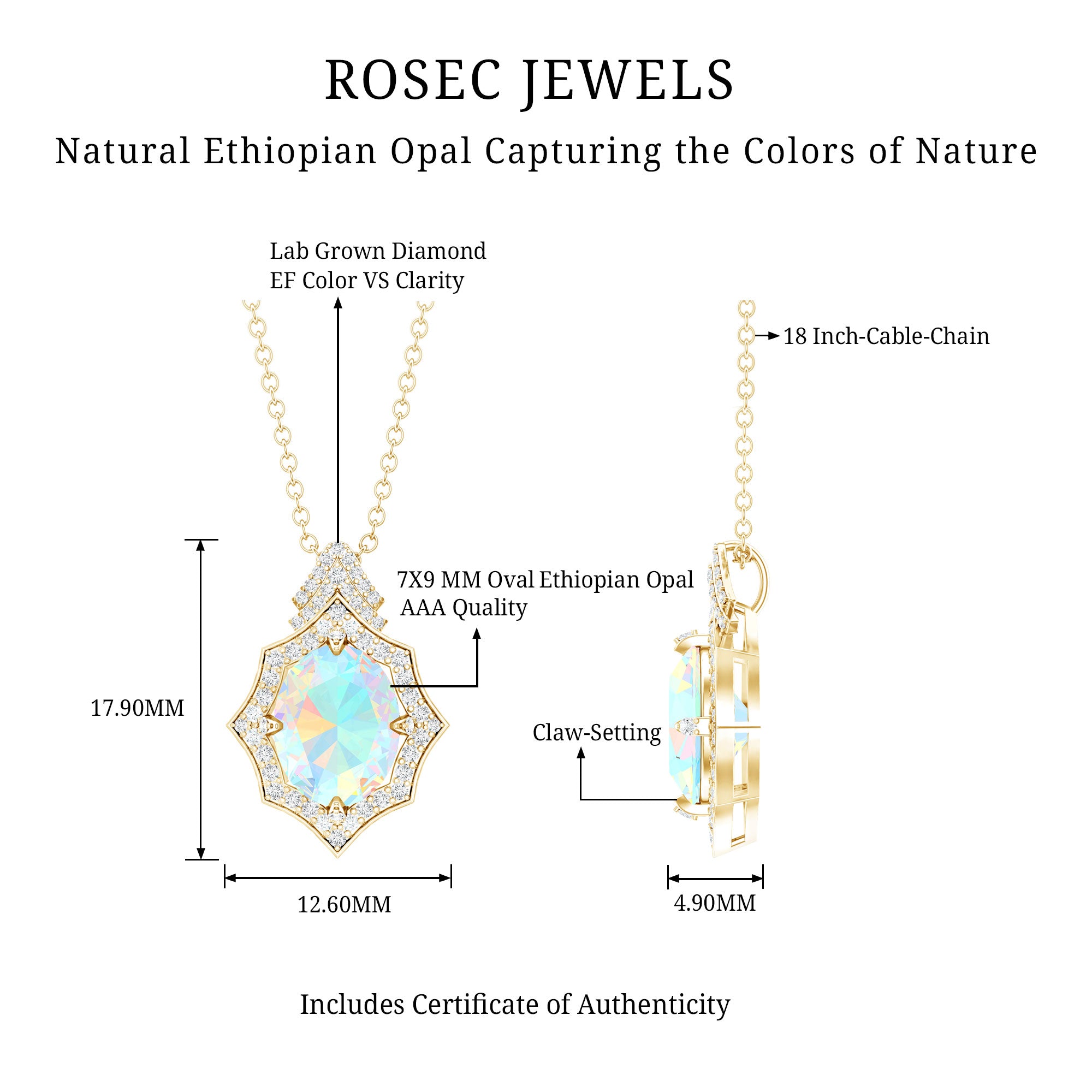 Natural 2 Carat Ethiopian Opal Vintage Necklace with Diamond AAA 14K Yellow Gold Plated Silver - Rosec Jewels