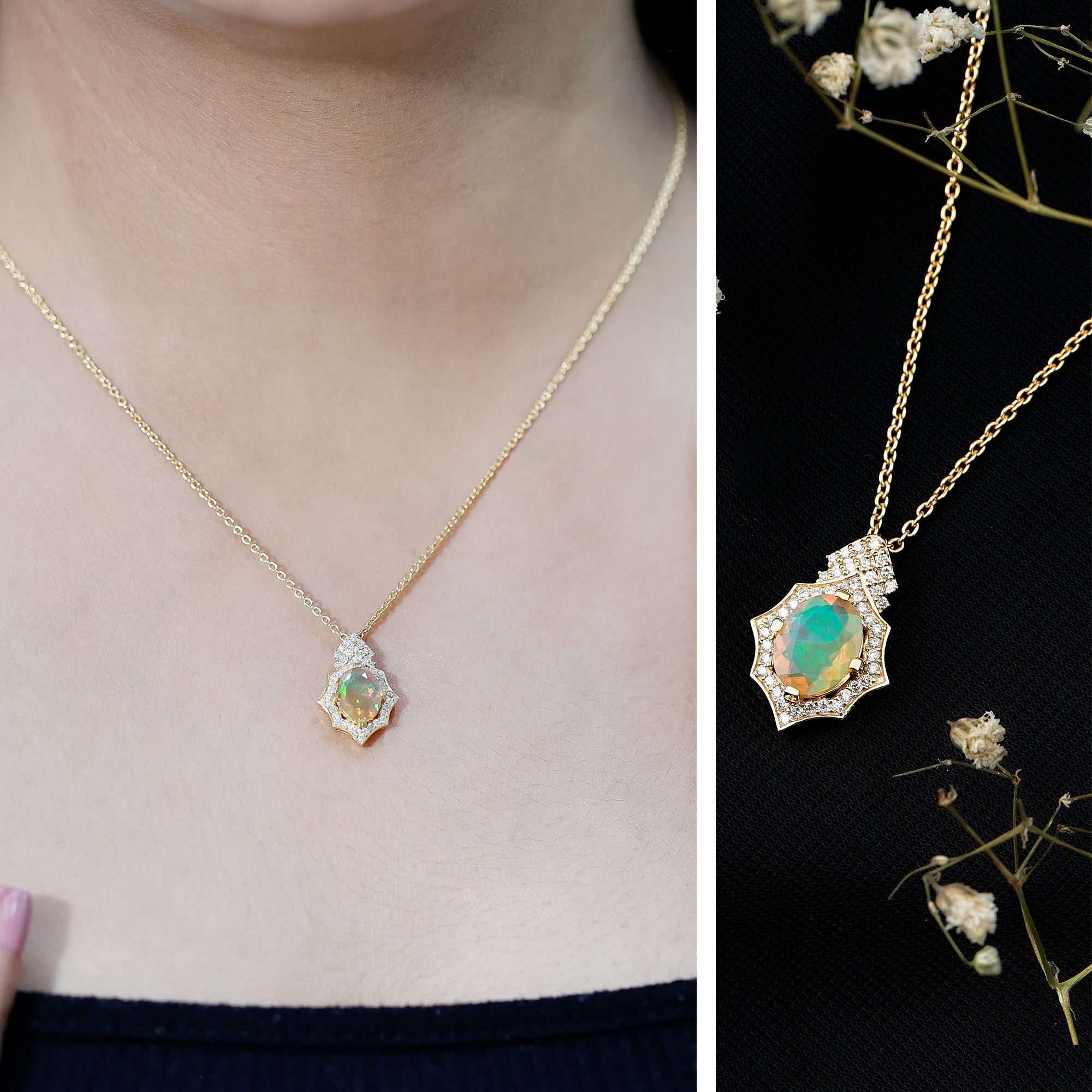 Natural 2 Carat Ethiopian Opal Vintage Necklace with Diamond AAA 14K Yellow Gold Plated Silver - Rosec Jewels