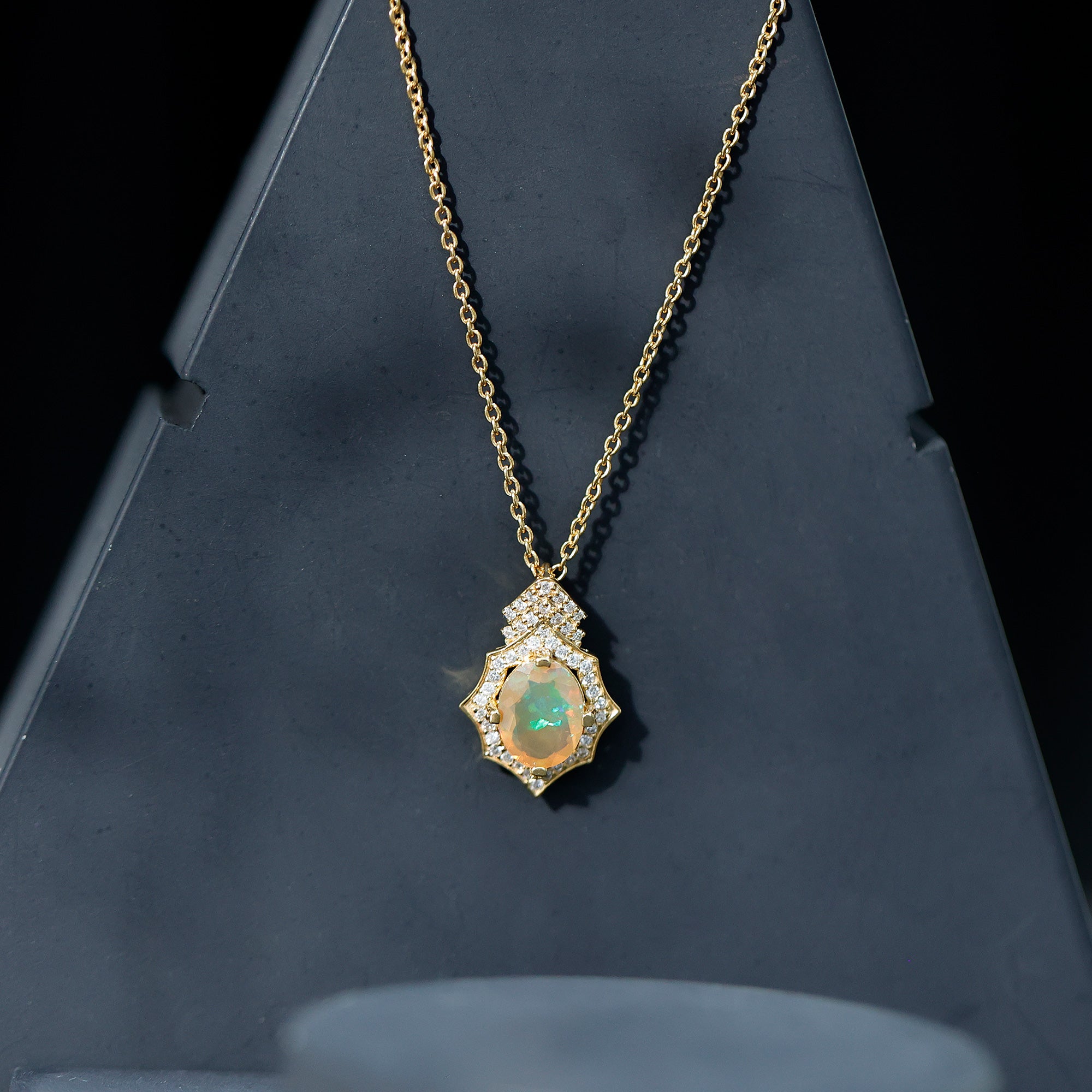 Natural 2 Carat Ethiopian Opal Vintage Necklace with Diamond AAA 14K Yellow Gold Plated Silver - Rosec Jewels