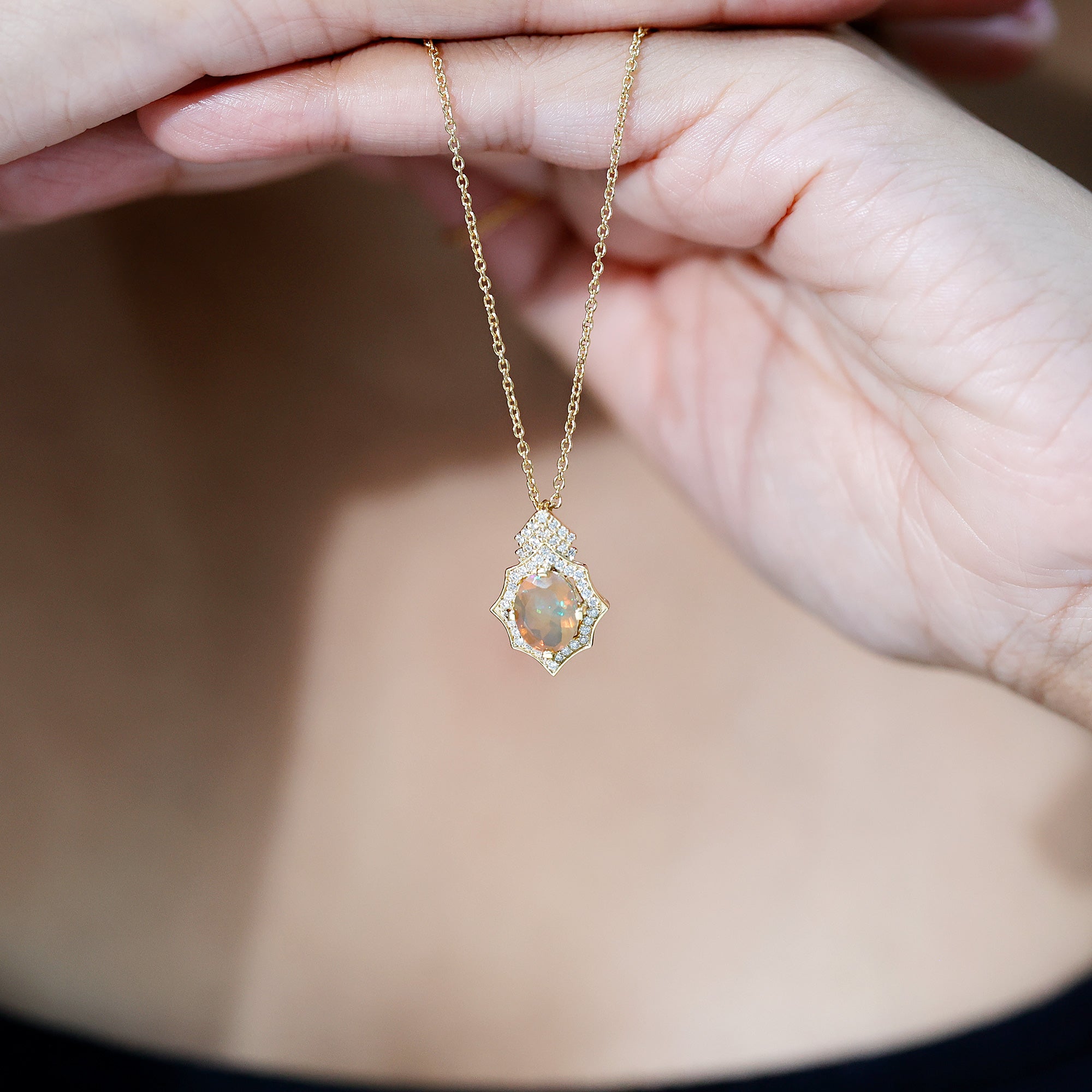 Natural 2 Carat Ethiopian Opal Vintage Necklace with Diamond AAA 14K Yellow Gold Plated Silver - Rosec Jewels