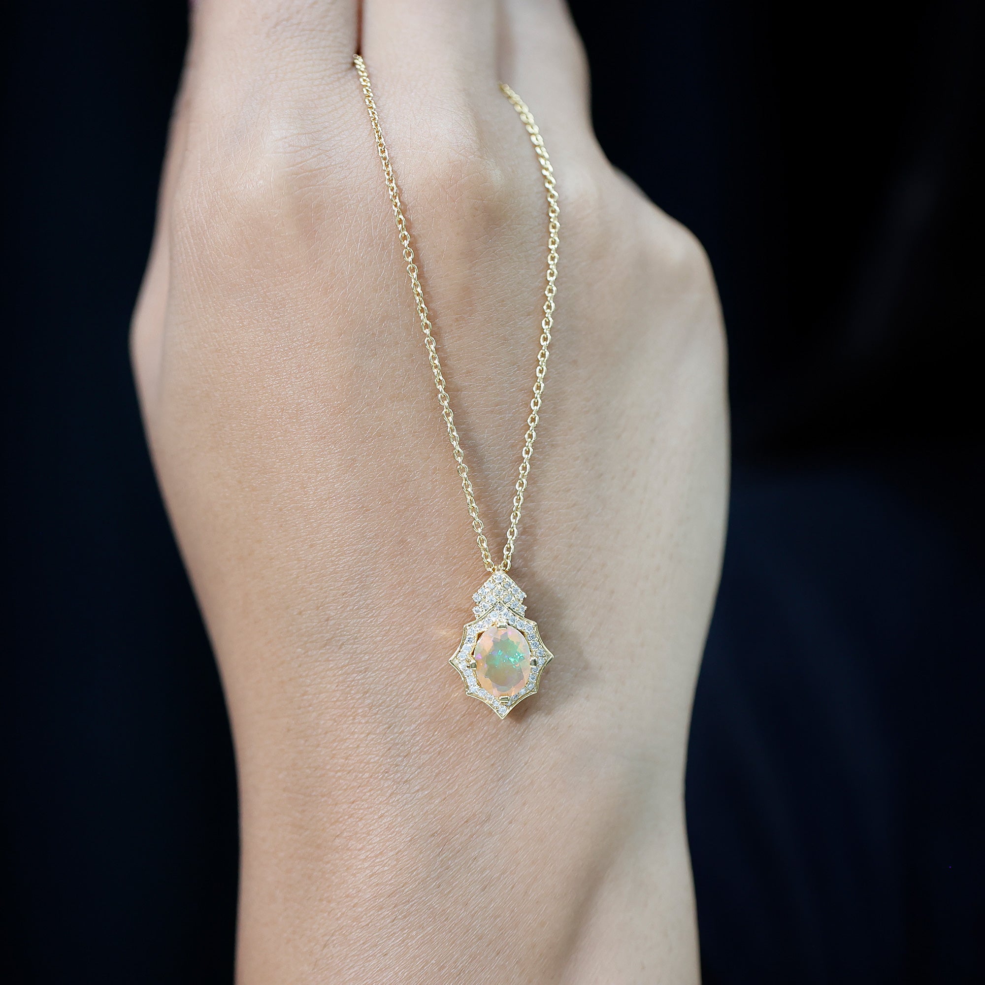 Natural 2 Carat Ethiopian Opal Vintage Necklace with Diamond AAA 14K Yellow Gold Plated Silver - Rosec Jewels