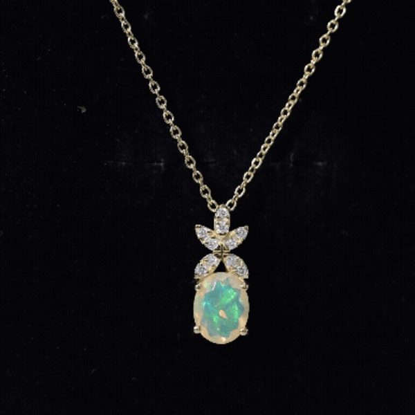 2 Carat Oval Shaped Ethiopian Opal and Diamond Flower Necklace with Chain AAA 14K Yellow Gold Plated Silver - Rosec Jewels