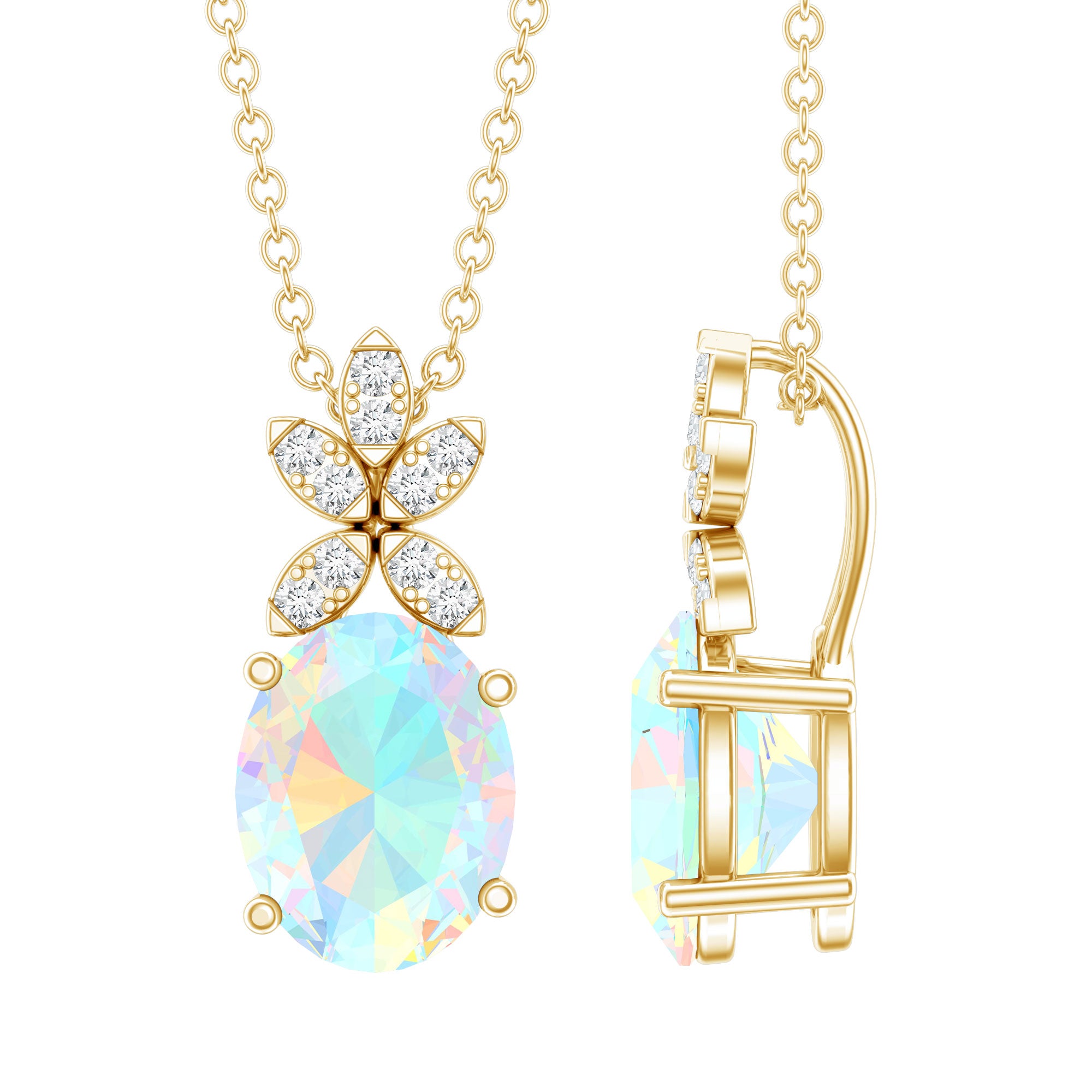 2 Carat Oval Shaped Ethiopian Opal and Diamond Flower Necklace with Chain AAA 14K Yellow Gold Plated Silver - Rosec Jewels