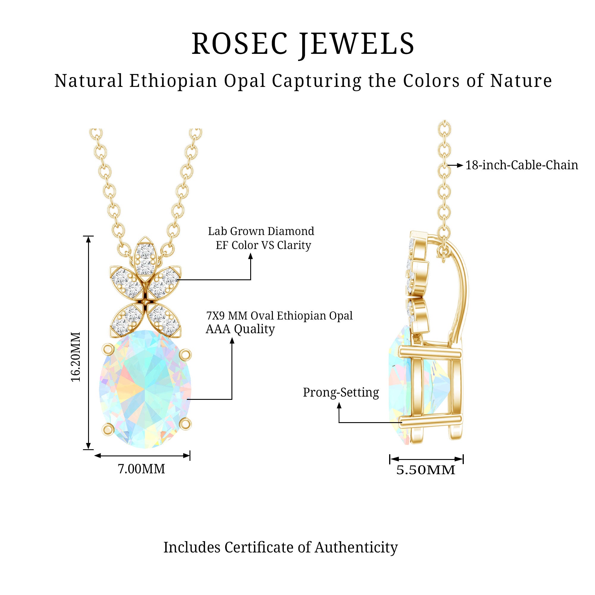 2 Carat Oval Shaped Ethiopian Opal and Diamond Flower Necklace with Chain AAA 14K Yellow Gold Plated Silver - Rosec Jewels
