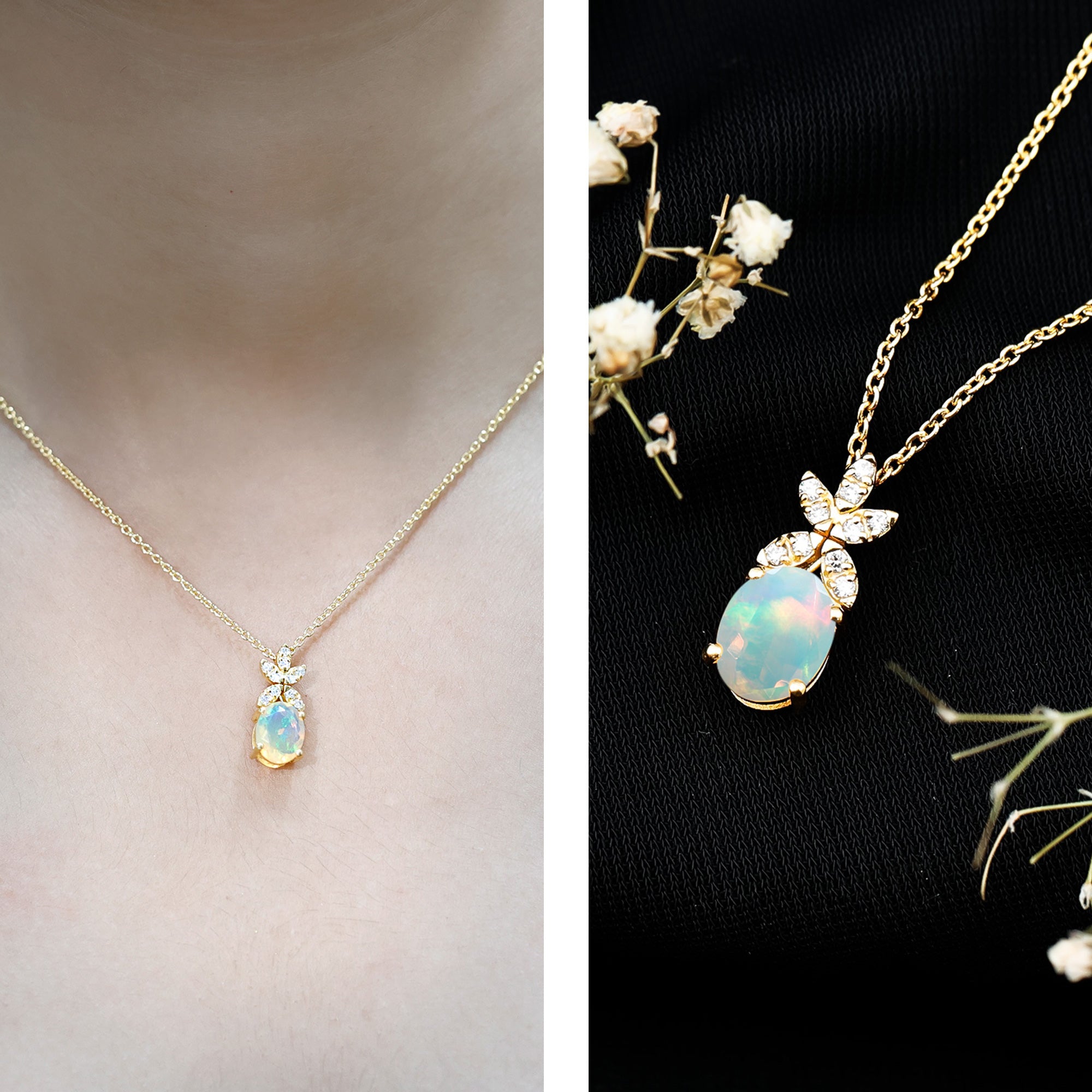 2 Carat Oval Shaped Ethiopian Opal and Diamond Flower Necklace with Chain AAA 14K Yellow Gold Plated Silver - Rosec Jewels