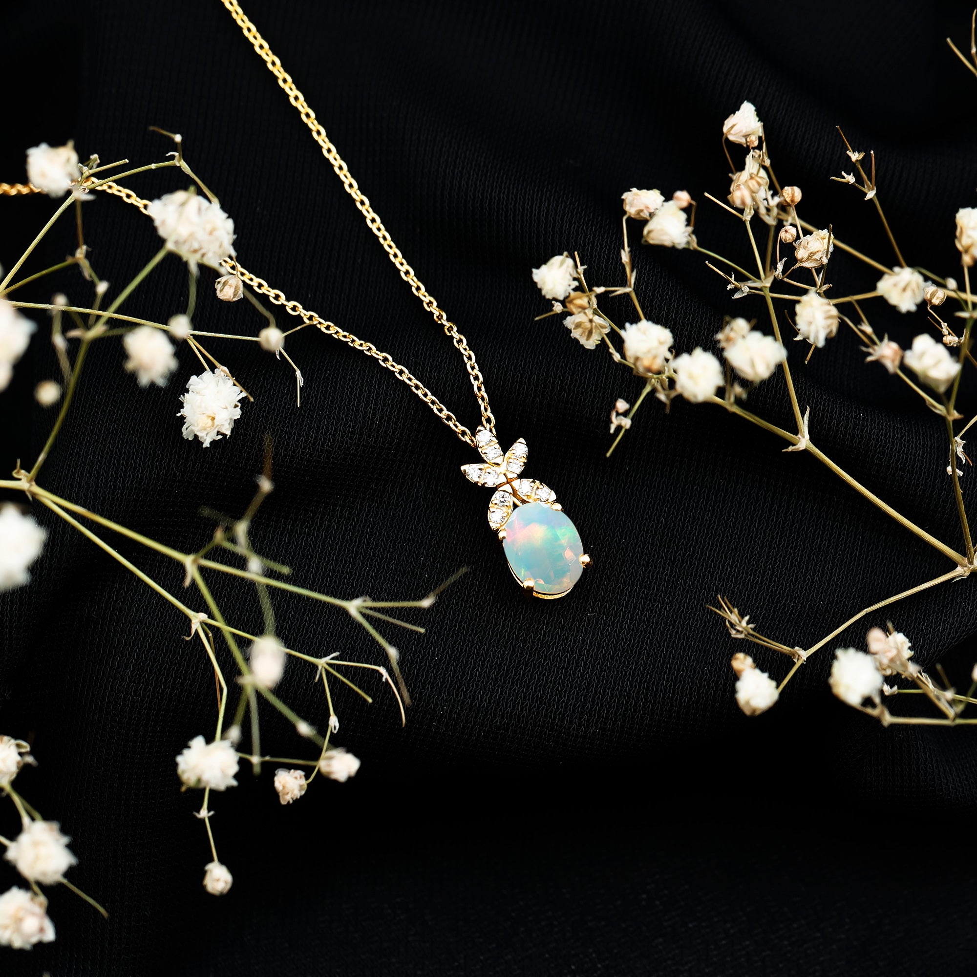 2 Carat Oval Shaped Ethiopian Opal and Diamond Flower Necklace with Chain AAA 14K Yellow Gold Plated Silver - Rosec Jewels