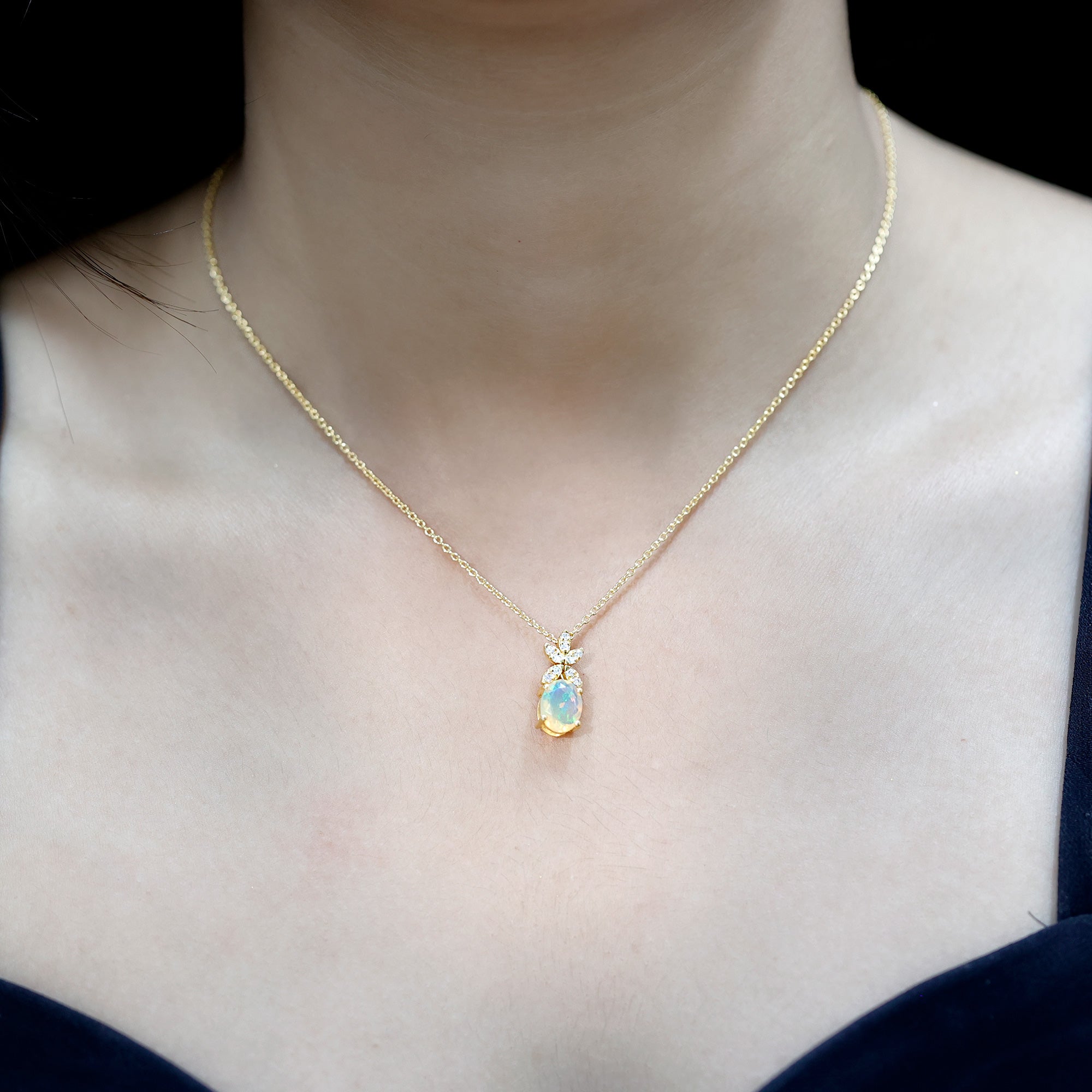 2 Carat Oval Shaped Ethiopian Opal and Diamond Flower Necklace with Chain AAA 14K Yellow Gold Plated Silver - Rosec Jewels