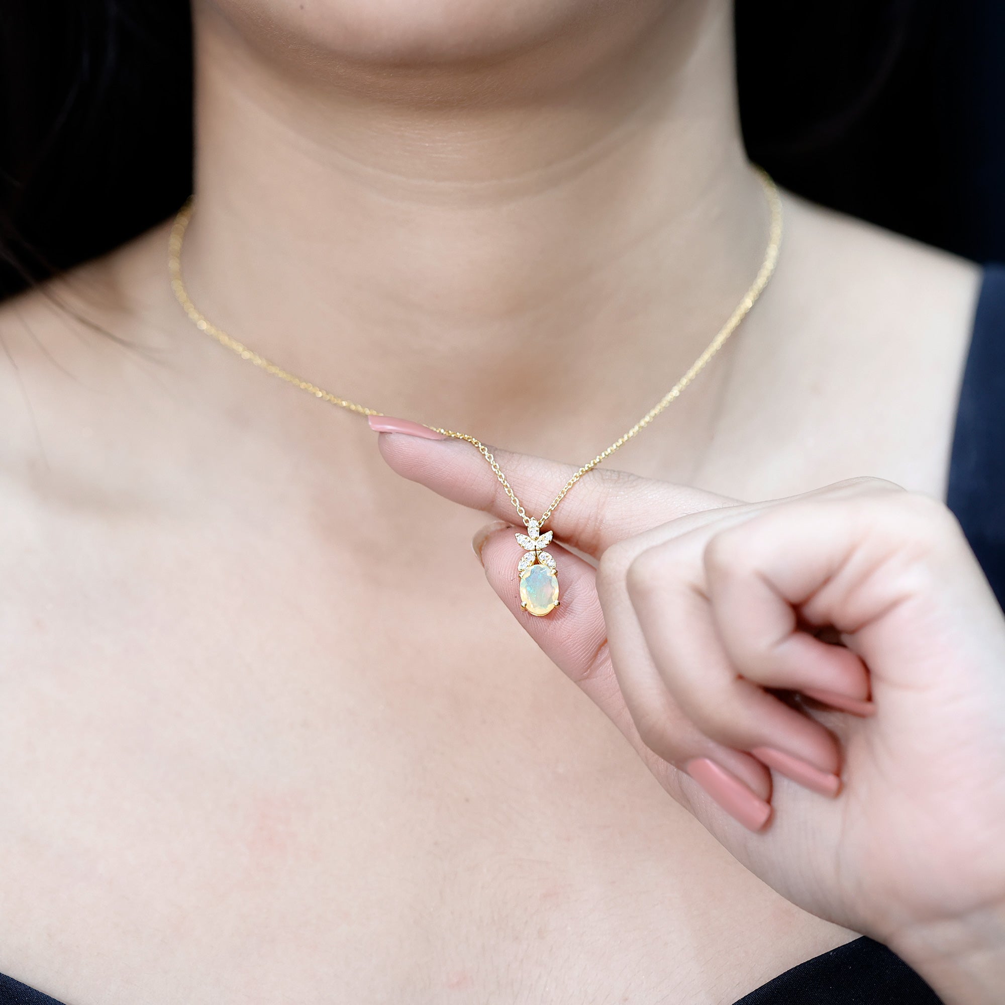 2 Carat Oval Shaped Ethiopian Opal and Diamond Flower Necklace with Chain AAA 14K Yellow Gold Plated Silver - Rosec Jewels